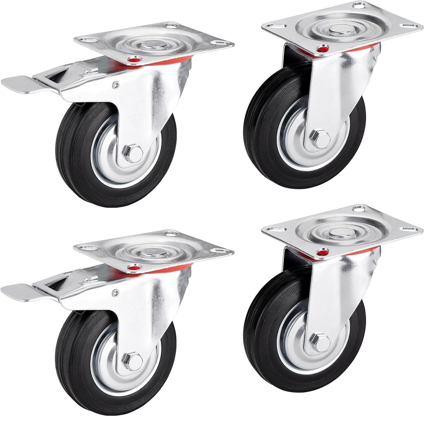 4er SET SOTECH Transportrollen RED Ø 200 mm Traglast bis 440 Kg | (2x Lenkrollen, 2x Lenkrollen mit Bremse) Höhe 232 mm, Anschraubplatte 130 x 102 mm Möbelrolle