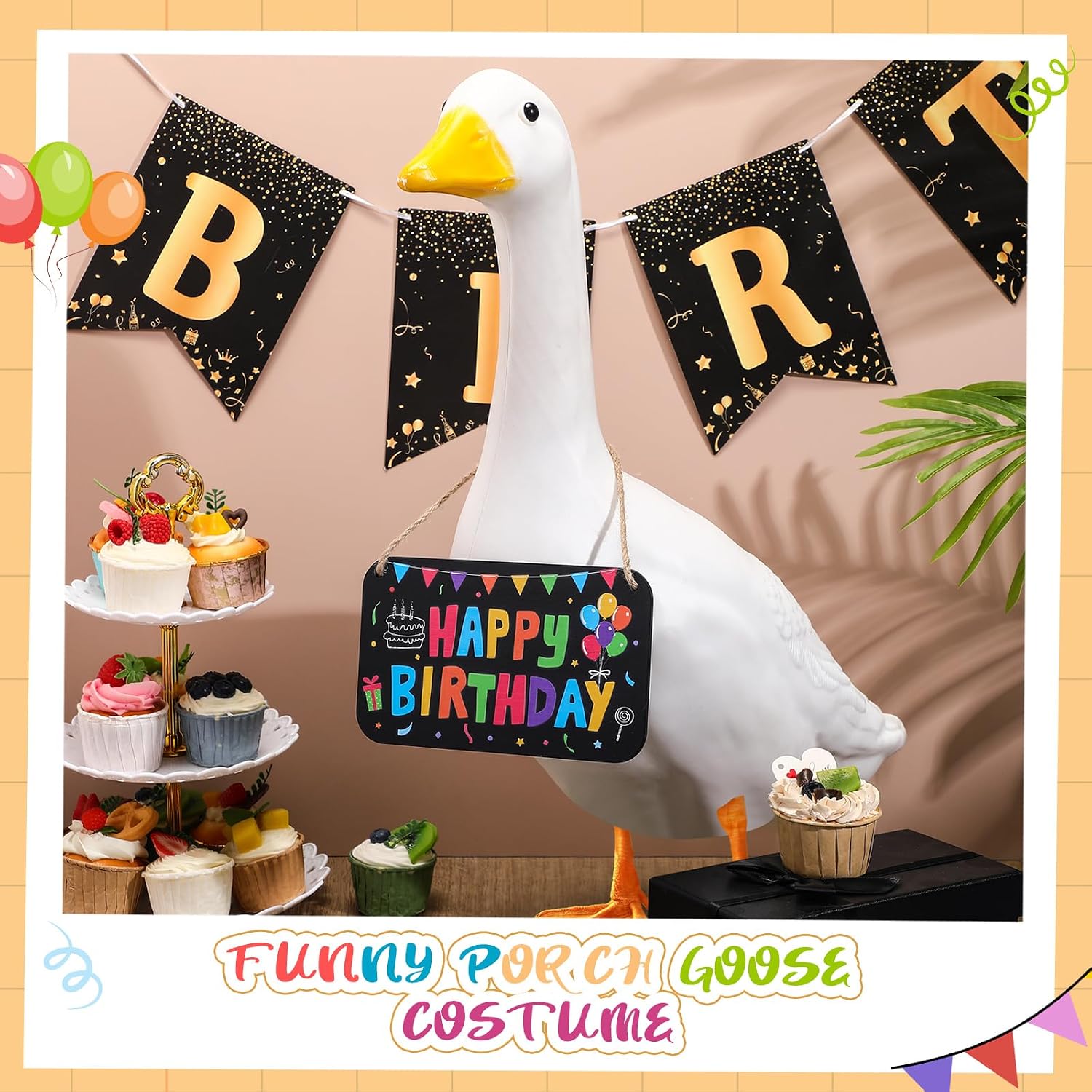 Geelin Happy Birthday Porch Goose Outfits Porch Goose Accessories Wooden Sign Decor for 23" Cement/Plastic Birthday Day Yard Lawn(Black,Classic) image 5