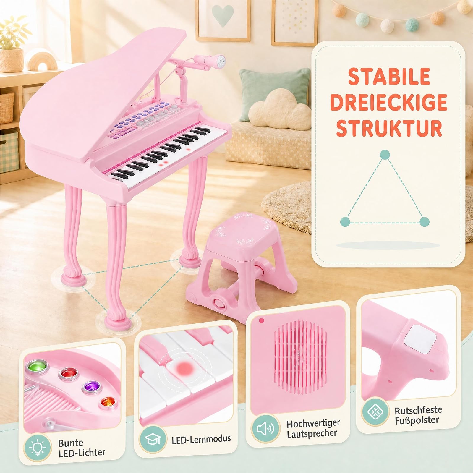 RELAX4LIFE Keyboard Kinder, Digital Piano mit 37 Tasten & Hocker, Rosa