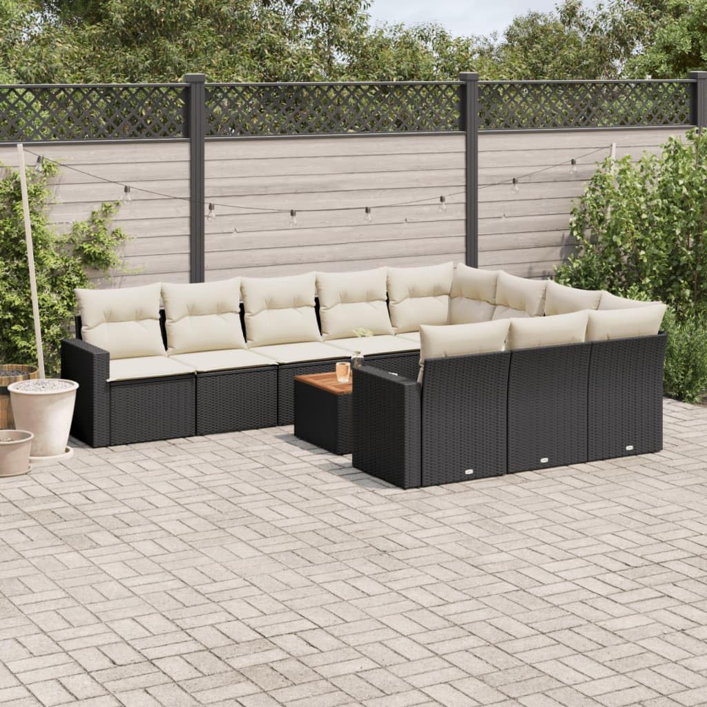 Juego de sofá cama, sofá para exterior, moderno, sofá para jardín, sofá, salón, exterior, decoración, juego de sofás de jardín de 11 piezas con cojines de polirratán negro ga