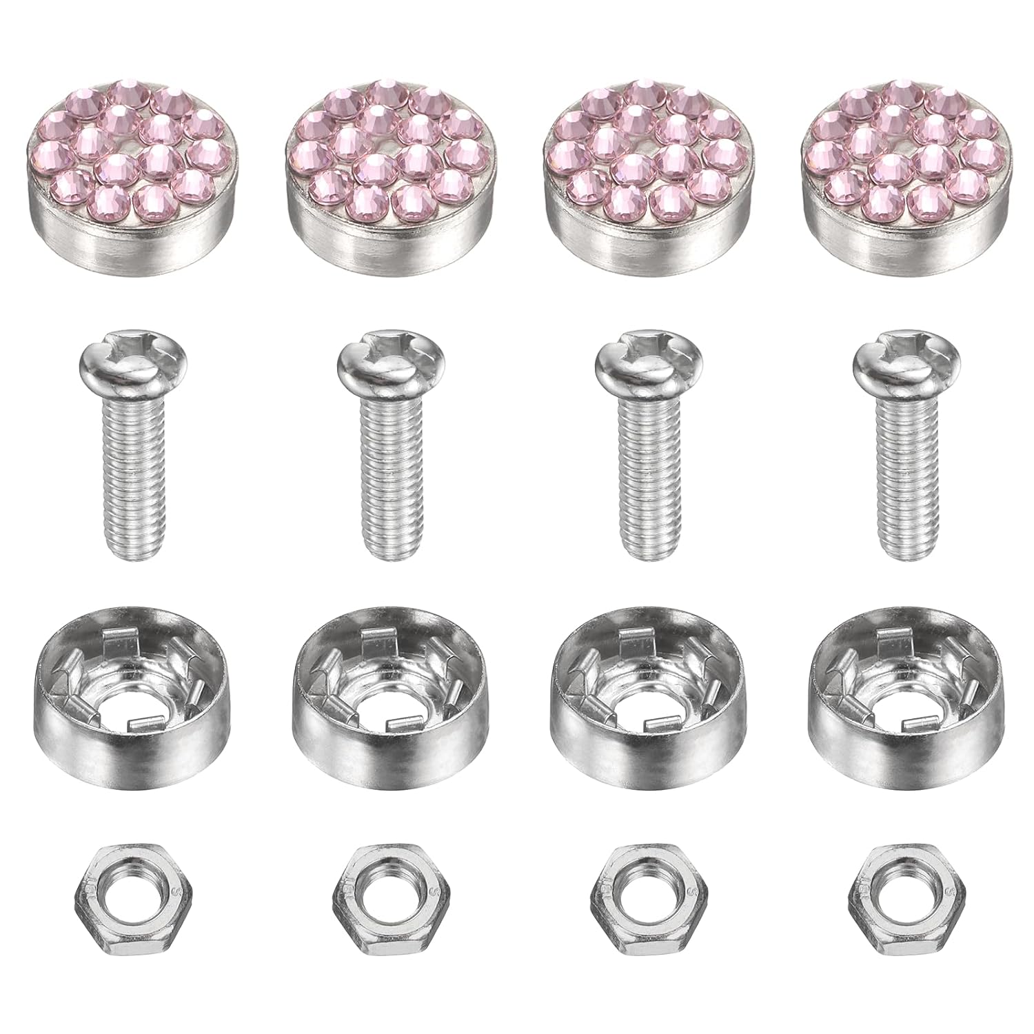 4 Pcs Anti Theft License Plate Screws Kits, Tag Plate Mounting Hardware, Rhinestone Design Screw Cap Cover Fitting for (Motorcycles/Cars/Trucks), Pink