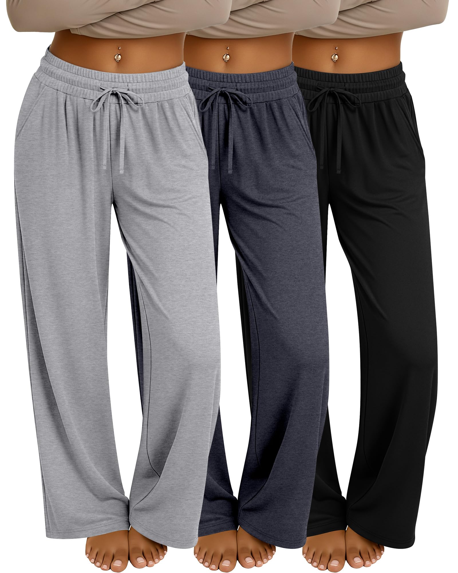Neer 3 Pack Women's Baggy Sweatpants with Pockets, Wide Leg Yoga Pants Cozy Thick Lounge Pants Drawstring Casual Loose Jogger
