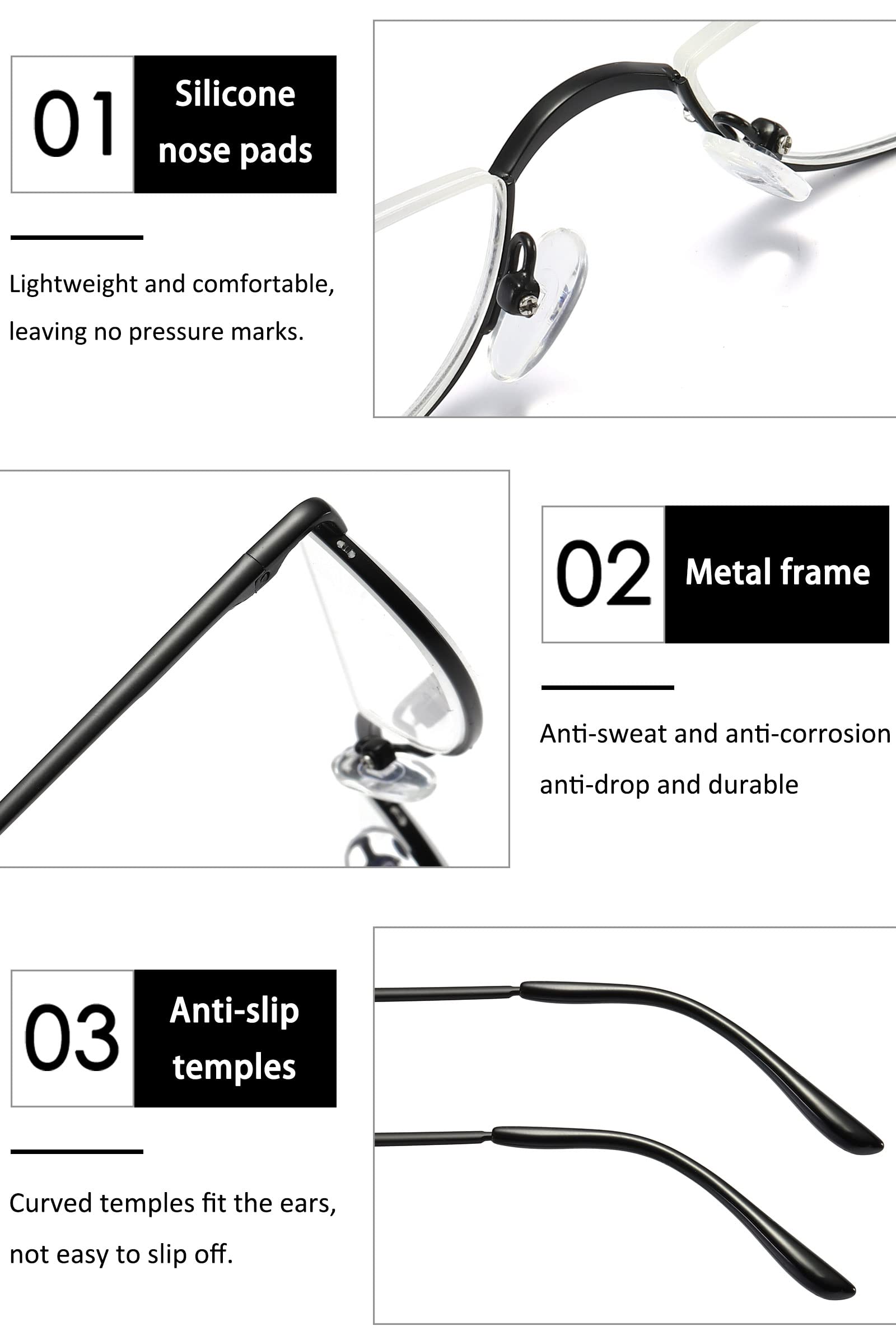 KOOSUFA Metall Lesebrille Halbrandbrille Herren Damen Federscharnier Halb Rund Metallrahmen Lesebrillen Lesehilfe Sehhilfe mit Stärke 1.0 1.25 1.5 1.75 2.0 2.25 2.5 2.75 3.0 3.5 4.0