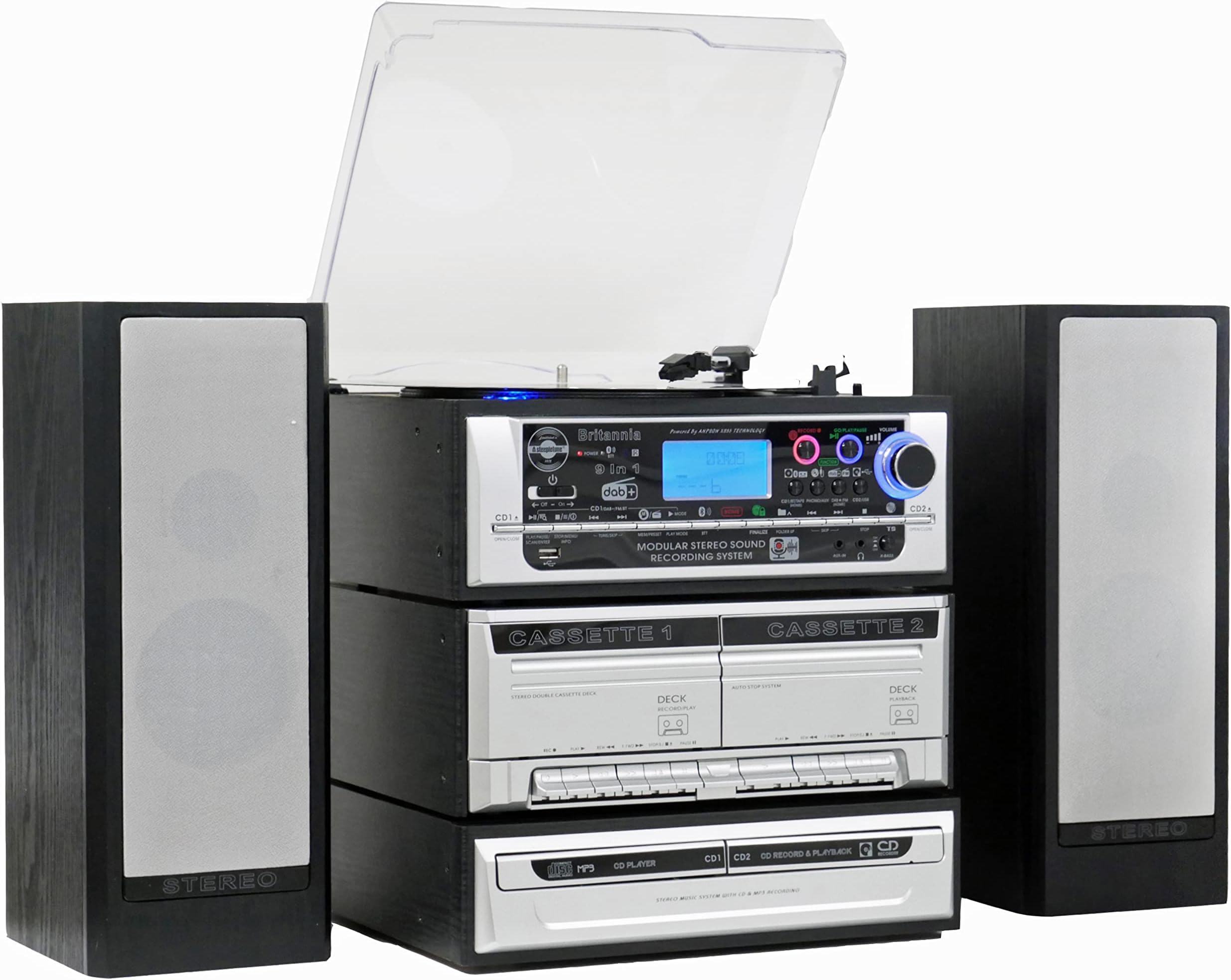 Steepletone BRITANNIA Music Stack System, CD RECORDING, 9-in-1 Modular Music System. Vinyl Record Turntable, Twin CD, Twin Cassette, MP3, USB, FM/DAB Radio, AUX, Remote, Bluetooth Receive/Transmitting
