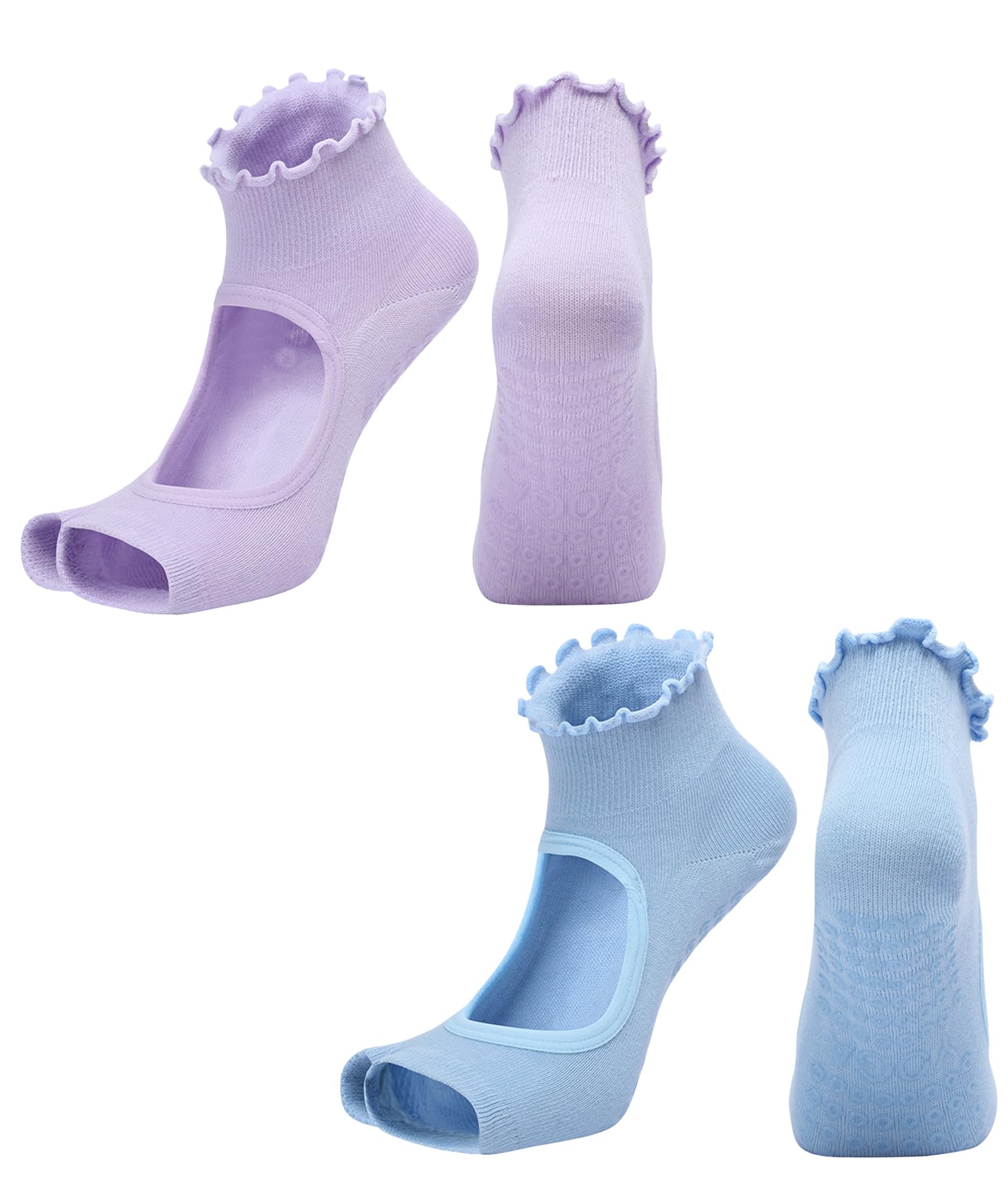 2 Pairs Temple Socks for Women, Pilates Socks, Pilates Socks for Women, Ruffle Yoga Socks with Non-Slip Grips, Ideal for Pilates and Ballet Barre Training, Purple and Blue Color Combination-image-42