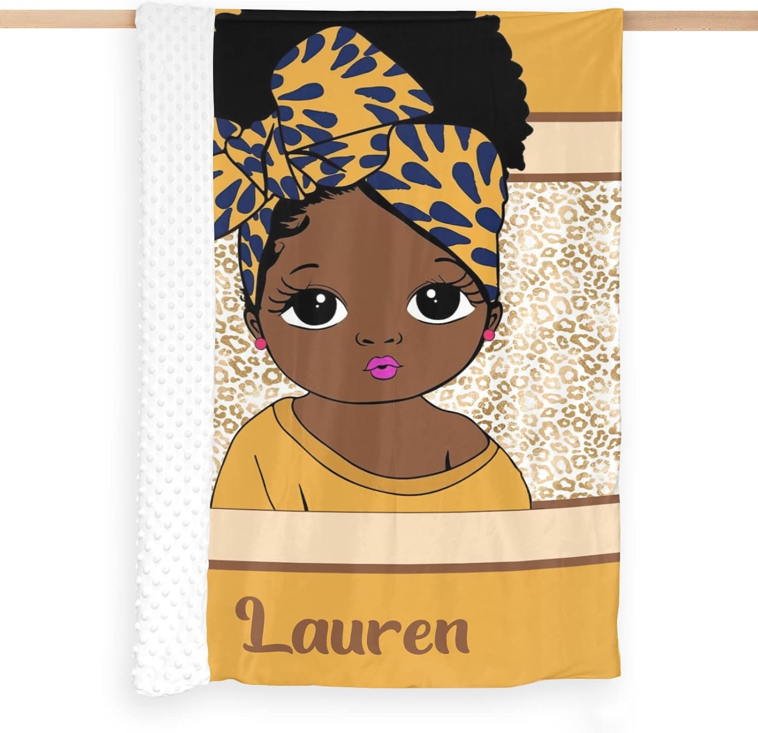 Leopard Afro Black Girl Personalized Baby Blanket for Boys Girls,Custom Soft Minky Blanket Layer Dotted Newborn Naps 40X50 in
