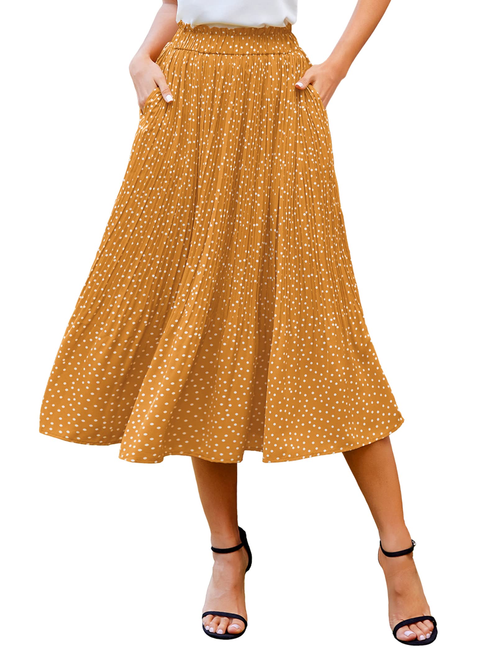 Women's Midi Skirts Elastic High Waist Skirt Polka Dot Casual Pleated Skirt with Pockets