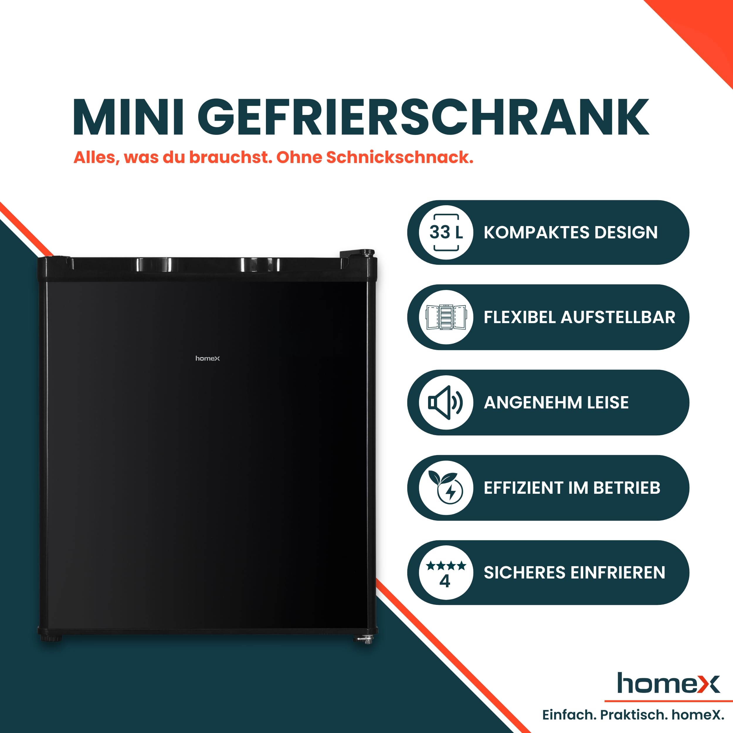 homeX FM1015-B Mini Gefrierschrank Gefriertruhe klein 33L Nutzinhalt | 4-Sterne Gefrierbox, freistehend, kompakte Tiefkühltruhe, Mini Freezer, Temperaturregelung, kleiner Tiefkühlschrank, schwarz