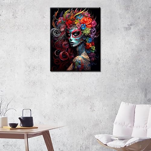 Miniatura 3 de Kit de pintura al óleo de calavera de azúcar para retrato de mujer, 16 x 20 pulgadas, lienzo de Halloween para decoración de mujeres, pintura al