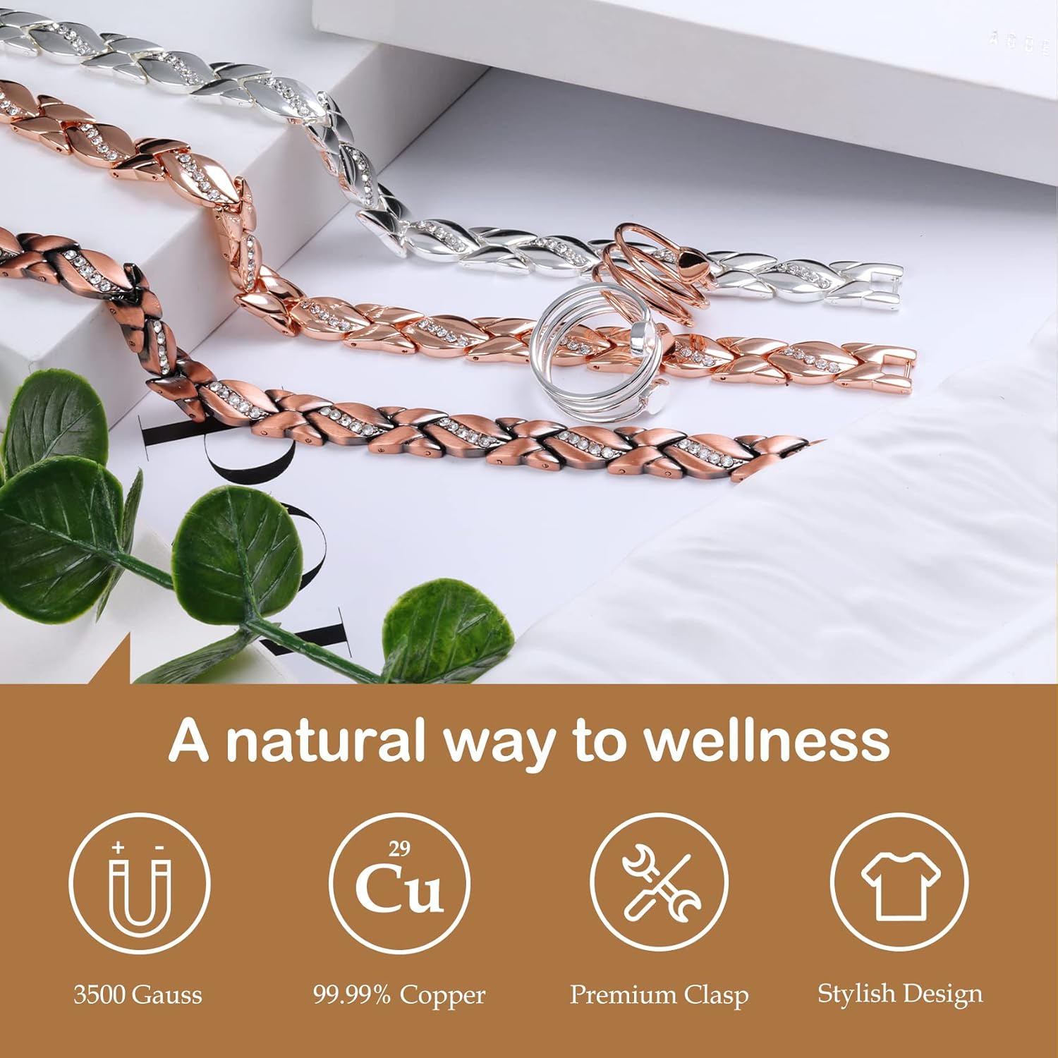 Feraco Copper Bracelets for Women, 99.99% Pure Copper Magnetic Bracelets with Effective Neodymium Magnets, Adjustable Jewelry Gift with Sizing Tool - Image 2