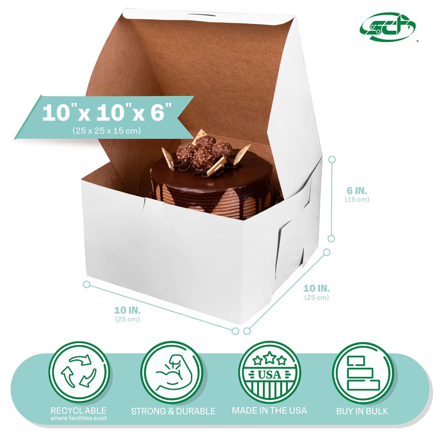 SCT White One-Piece Non-Window Bakery Boxes, 10 x 10 x 6, White, Paper, 100/Carton White Non-Window 10" x 10" x 6" - 100ct