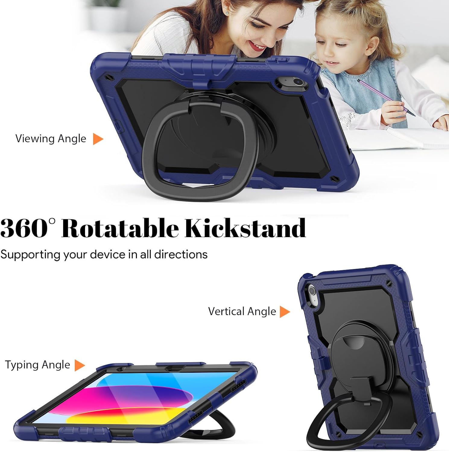 HXCASEAC Case for iPad A16 11th/10th Generation, Full Body Protective with 360 Degree Rotating Handle Stand, Screen Protector, Pencil Holder, Shoulder Strap (A2969/A2757/A3354/A3355/3356) - Navy