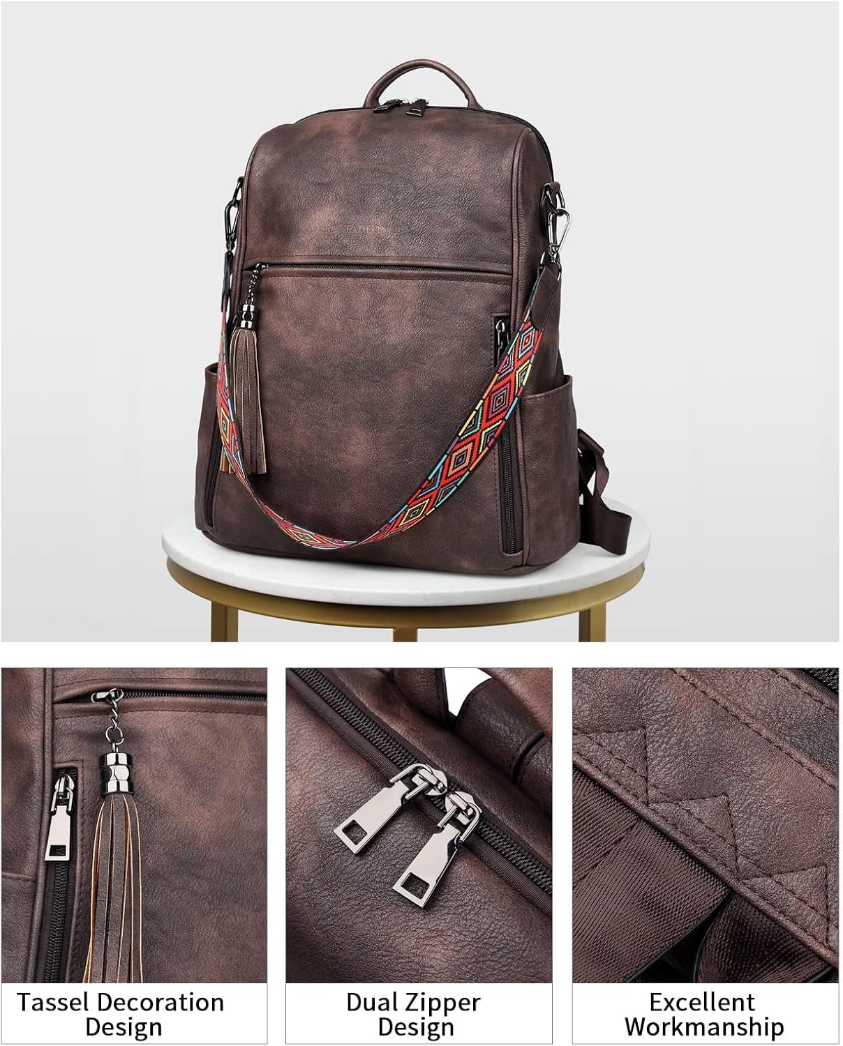 FADEON Leather Backpack Purse for Women Designer Travel Backpack Purses PU Fashion Ladies Shoulder Bag with Tassel - Image 5