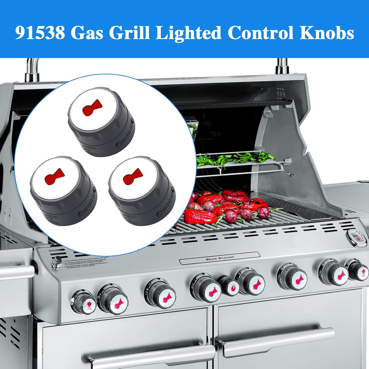 91538 Grill Lighted Control Knobs for Weber Summit 400/600 (2012+), E-470/670, S-460/470/660/670,Outdoor Grill Replacement Parts,Easy Install & Durable (3Pack)