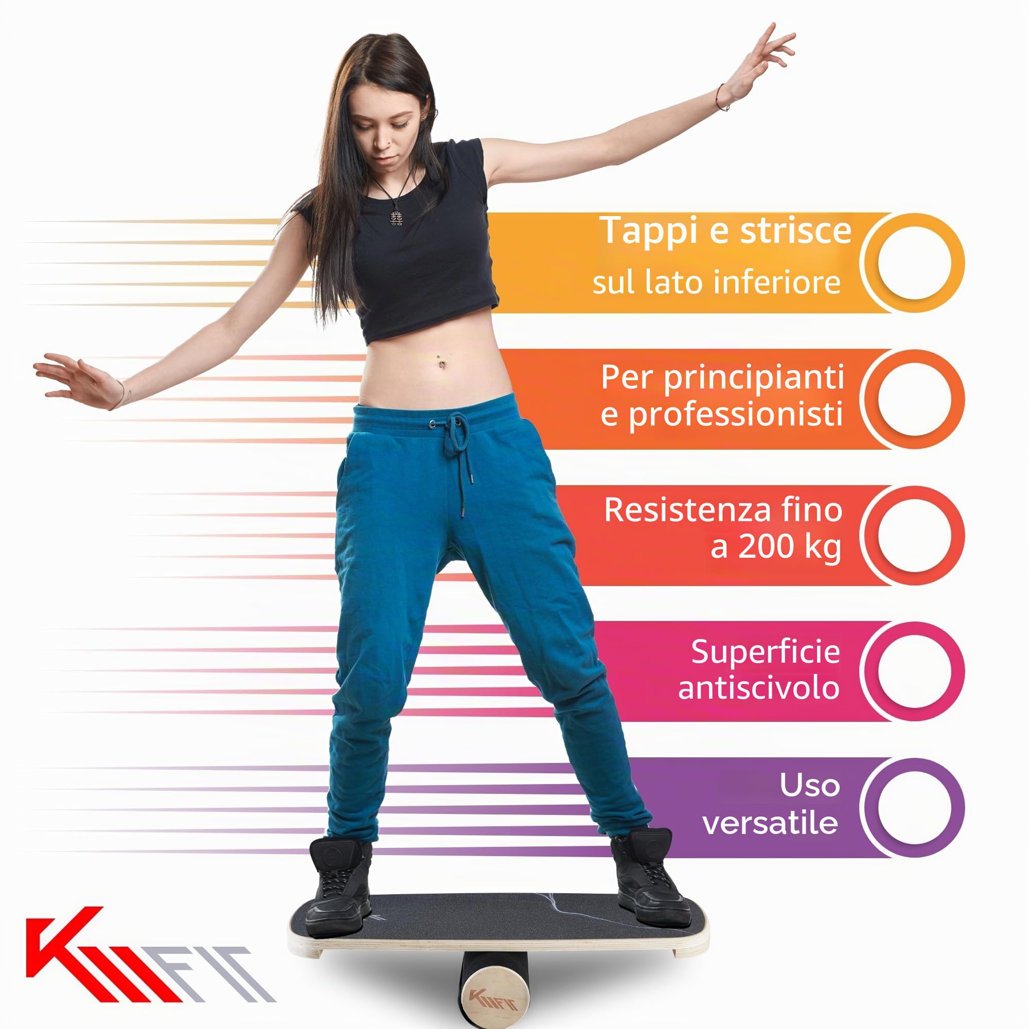 KM-Fit Balance Board | Balance Board in legno | Tavola da surf per interni per allenamento coordinatorio | Allenatore di forza ed equilibrio, surf e pattinaggio indoor