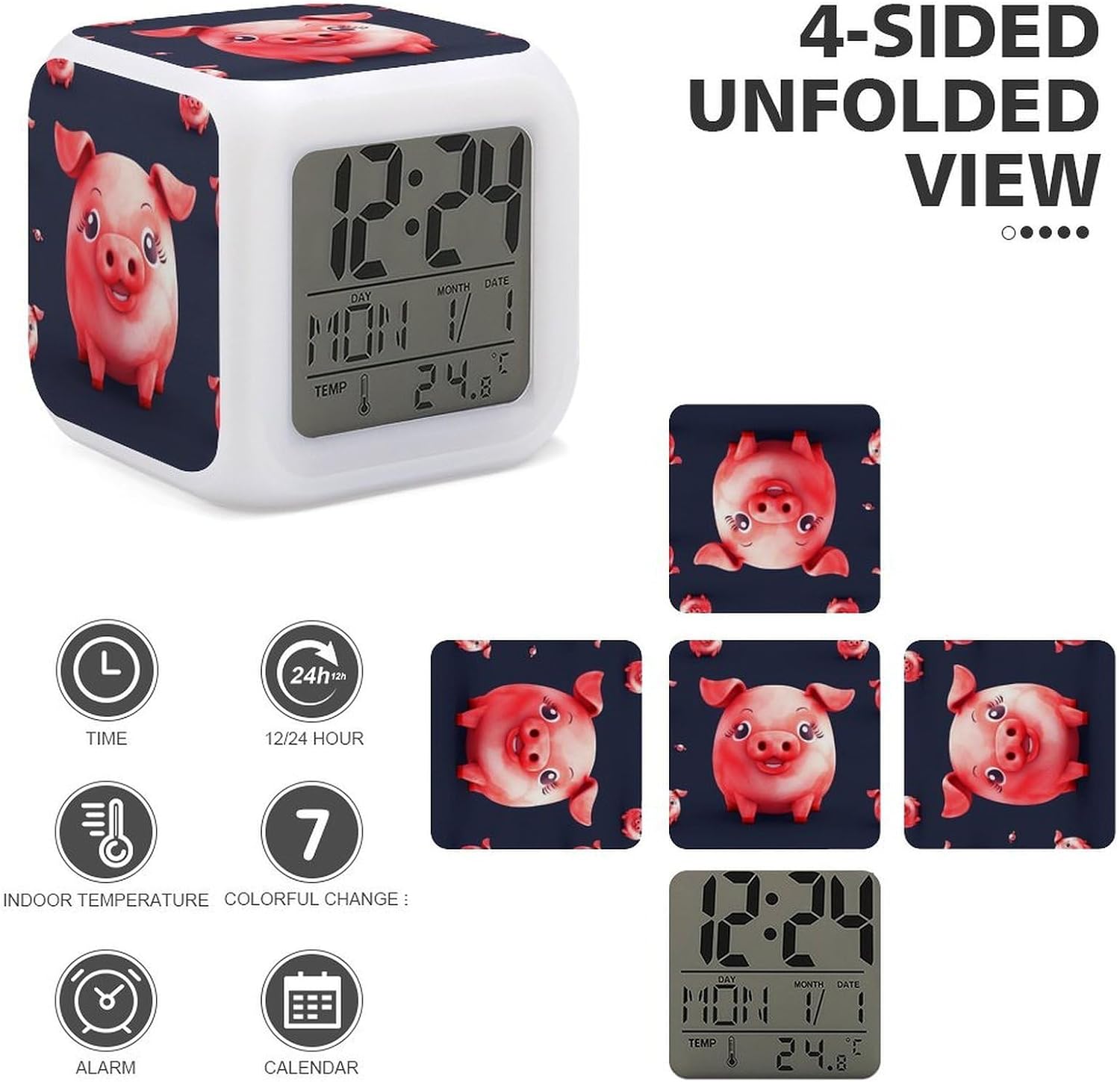 Red Cute Piggy Alarm Clock 7 Color Changing Nightlight image 3