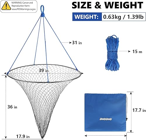 Miniatura 9 de QualyQualy Red de pesca de puente y muelle con red de caída plegable, aro de acero y malla de nylon