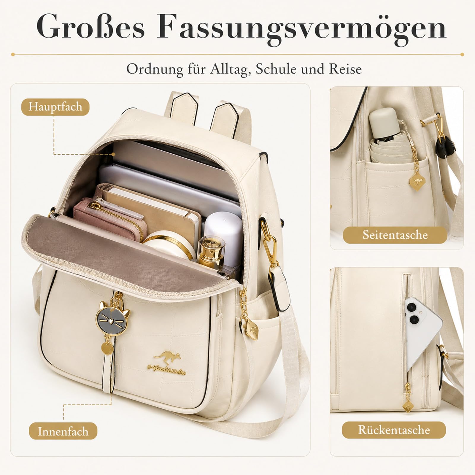 Drawelry Mode Damen Rucksack Schultertasche Handtasche mit Abnehmbar Schultergurt Tagesrucksack Hochwertiger PU-Leder Patchwork Reisetasche, Frauen Freizeit Vielseitiger Backpack Geschenke (Weiß)