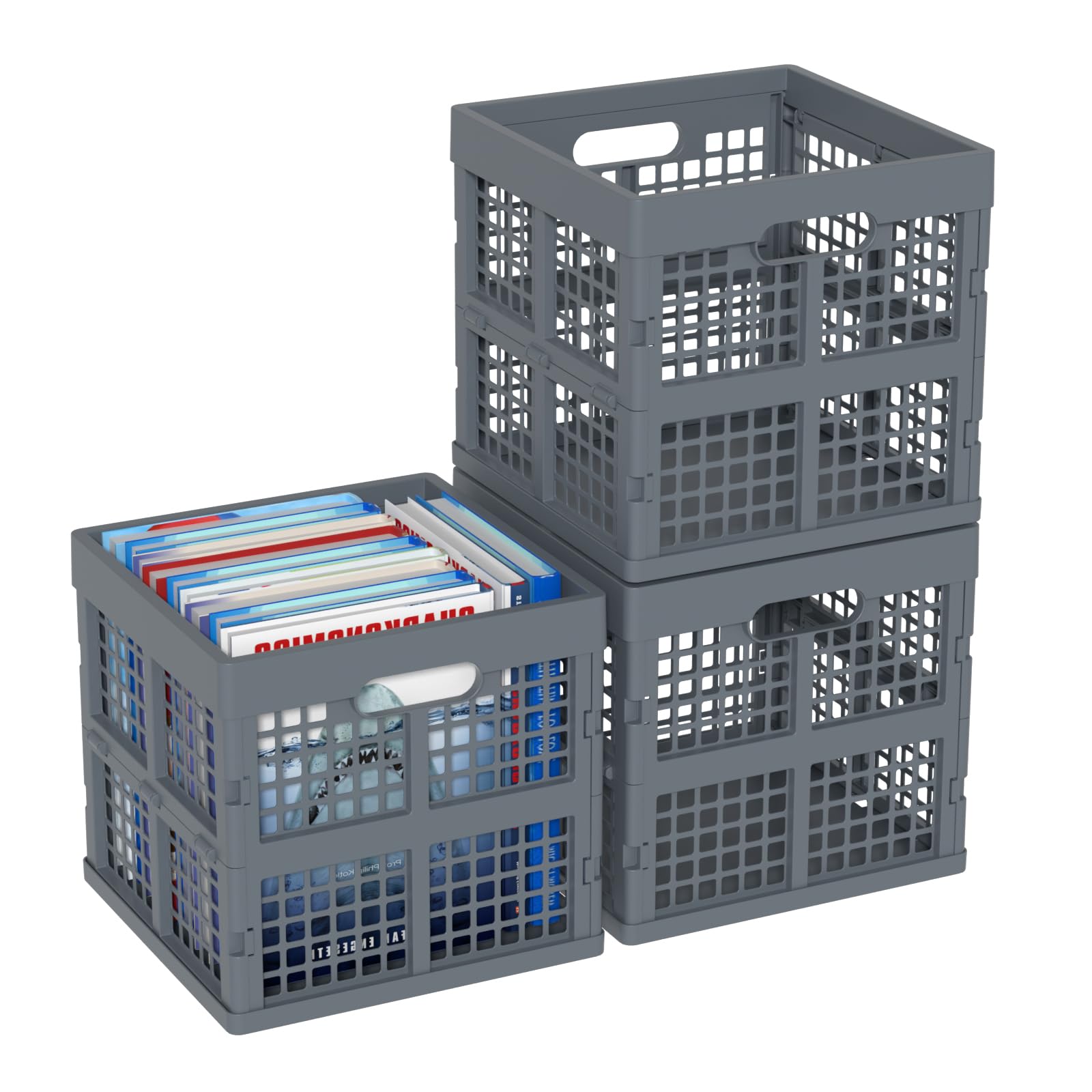 Ysmiltion Gray Square Milk Crate, 18 L Plastic Stackable Utility Crate, 3 Pack