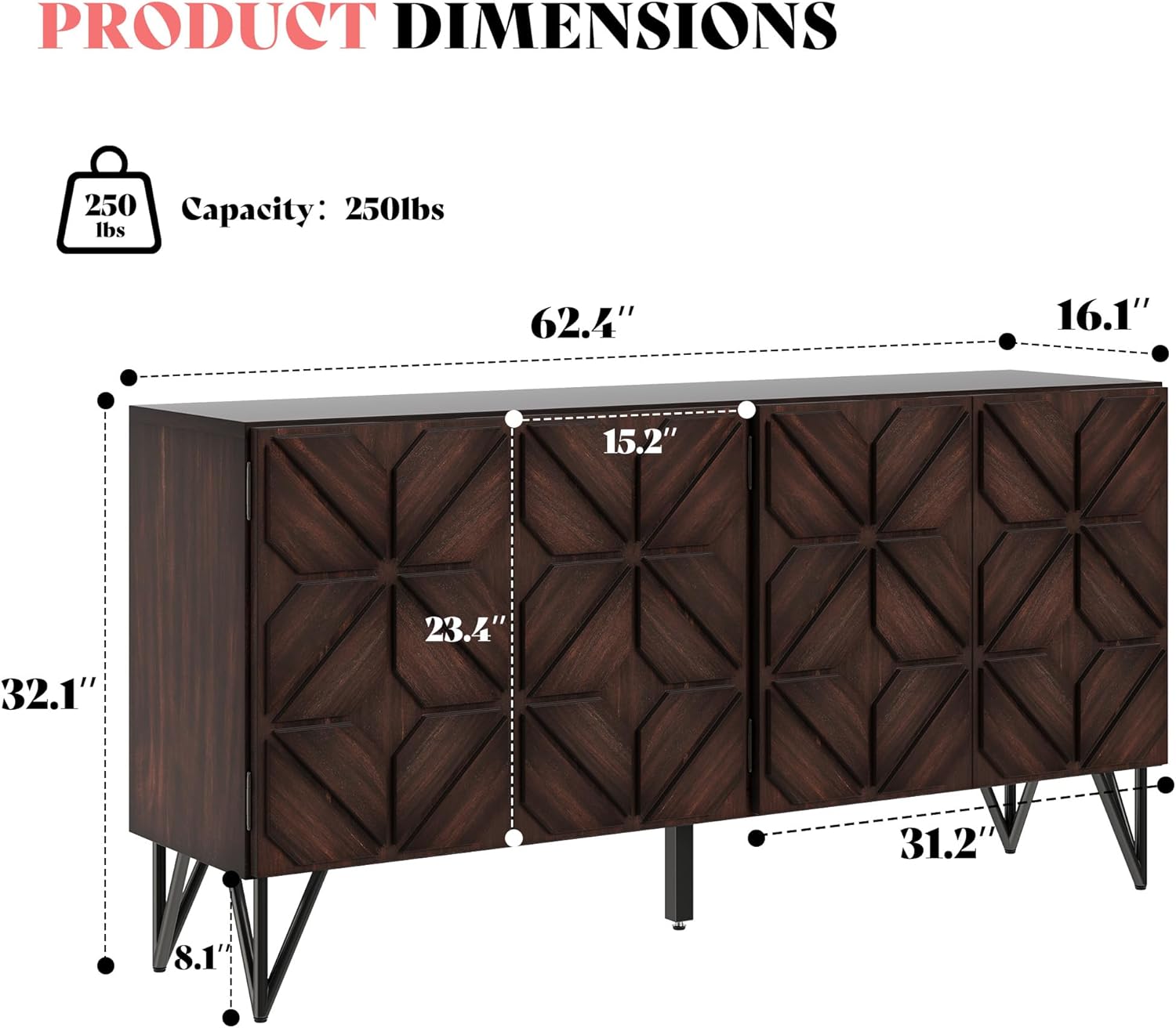 AMERLIFE 63” Solid Acacia Wood Sideboard Buffet Cabinet, Hand-Carved Geometric Door Console with Adjustable Shelves for Hallway, Living Room or Kitchen, Dark Walnut
