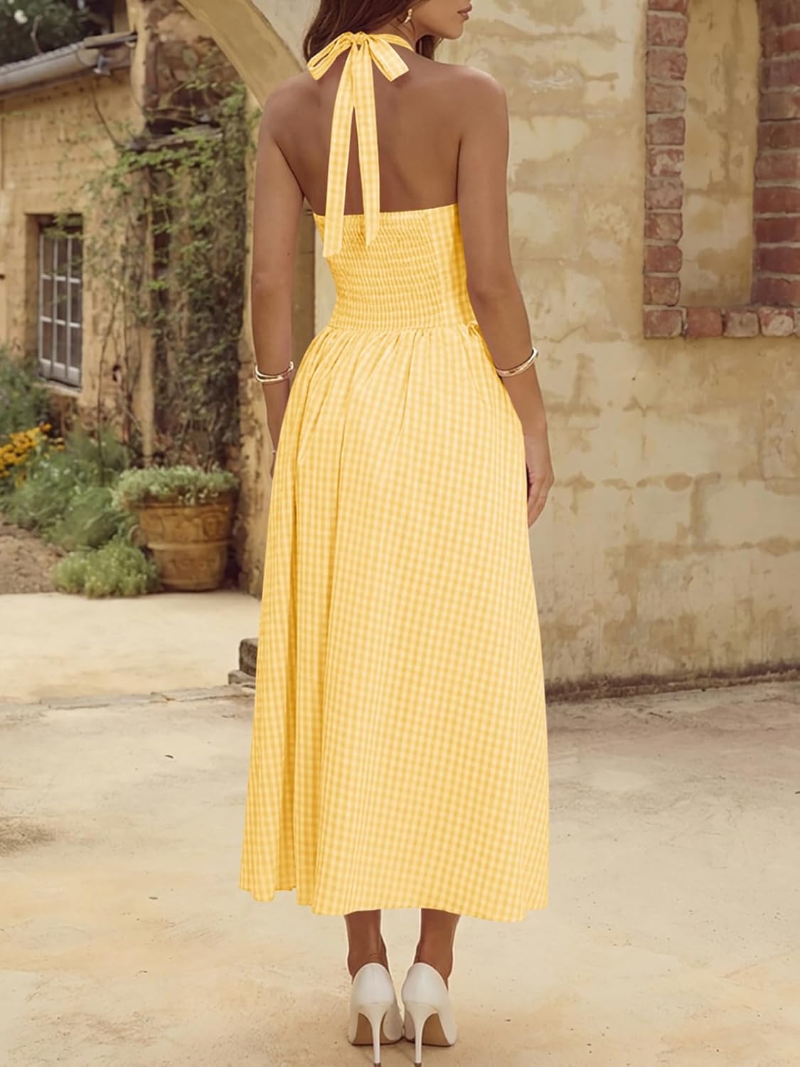 Wenrine Womens Halter V Neck Corset Maxi Dresses Summer Plaid Smocked Tie Back Backless Wedding Guest Drop Waist Dress