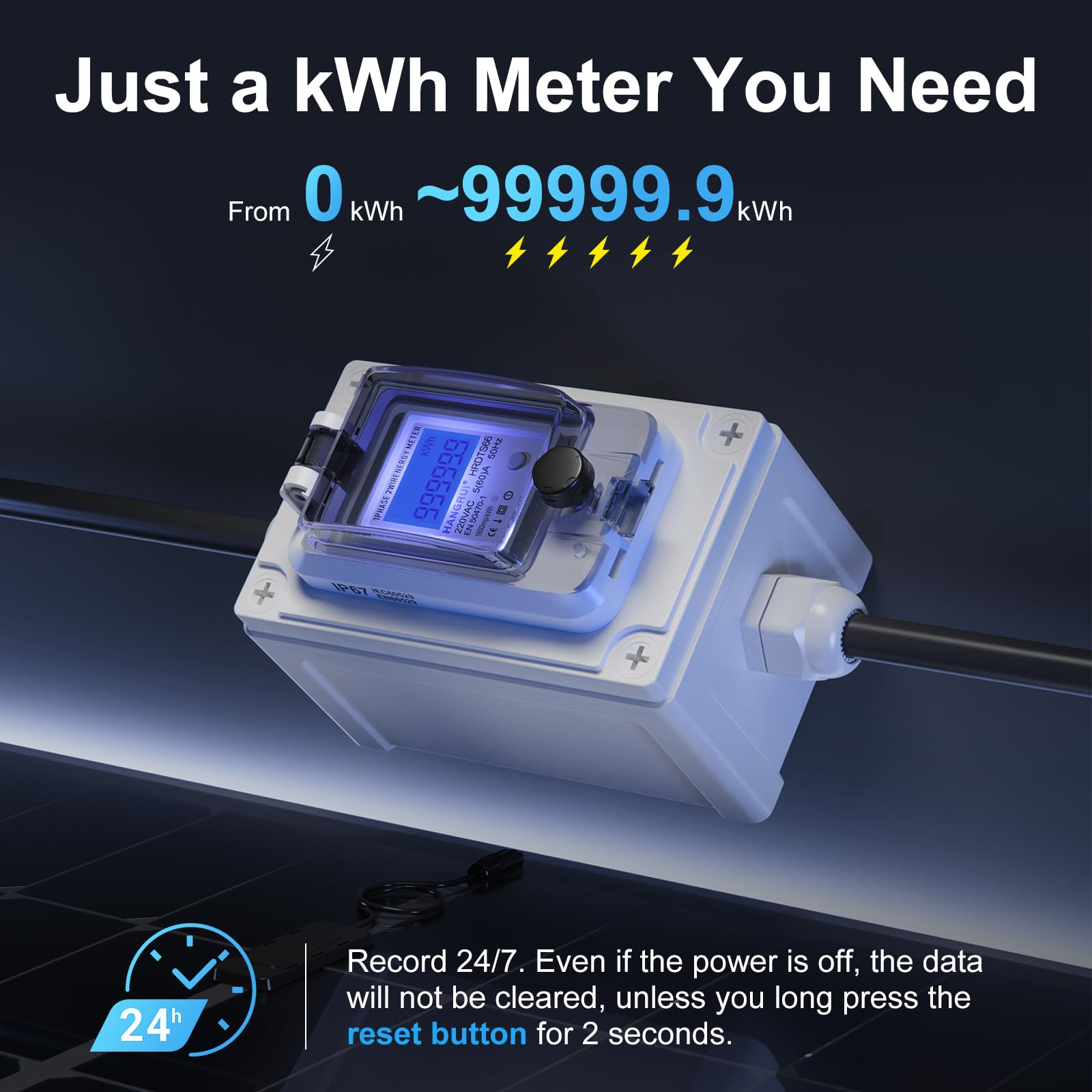 Medidor de Consumo Eléctrico 60A 230V, Contador de Energía Eléctrica | Enchufe y Toma CEE Schuko, Resistente al Agua IP67, Memoria Corte Corriente, Registra Consumo Energético