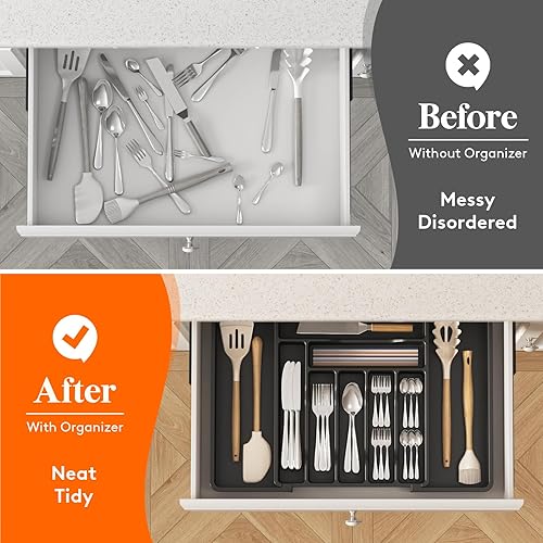Miniatura 8 de Lifewit Organizador de cajones de cubiertos, organizador de utensilios expandible para cajones de cocina, bandeja ajustable de cubiertos y
