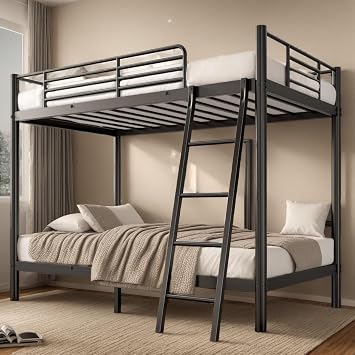 soges Twin Over Twin Metal Bunk Bed with Ladder & Guardrail, Space-Saving Bunk Bed, Heavy Duty Metal Bed Frame for Teens Adults, Black