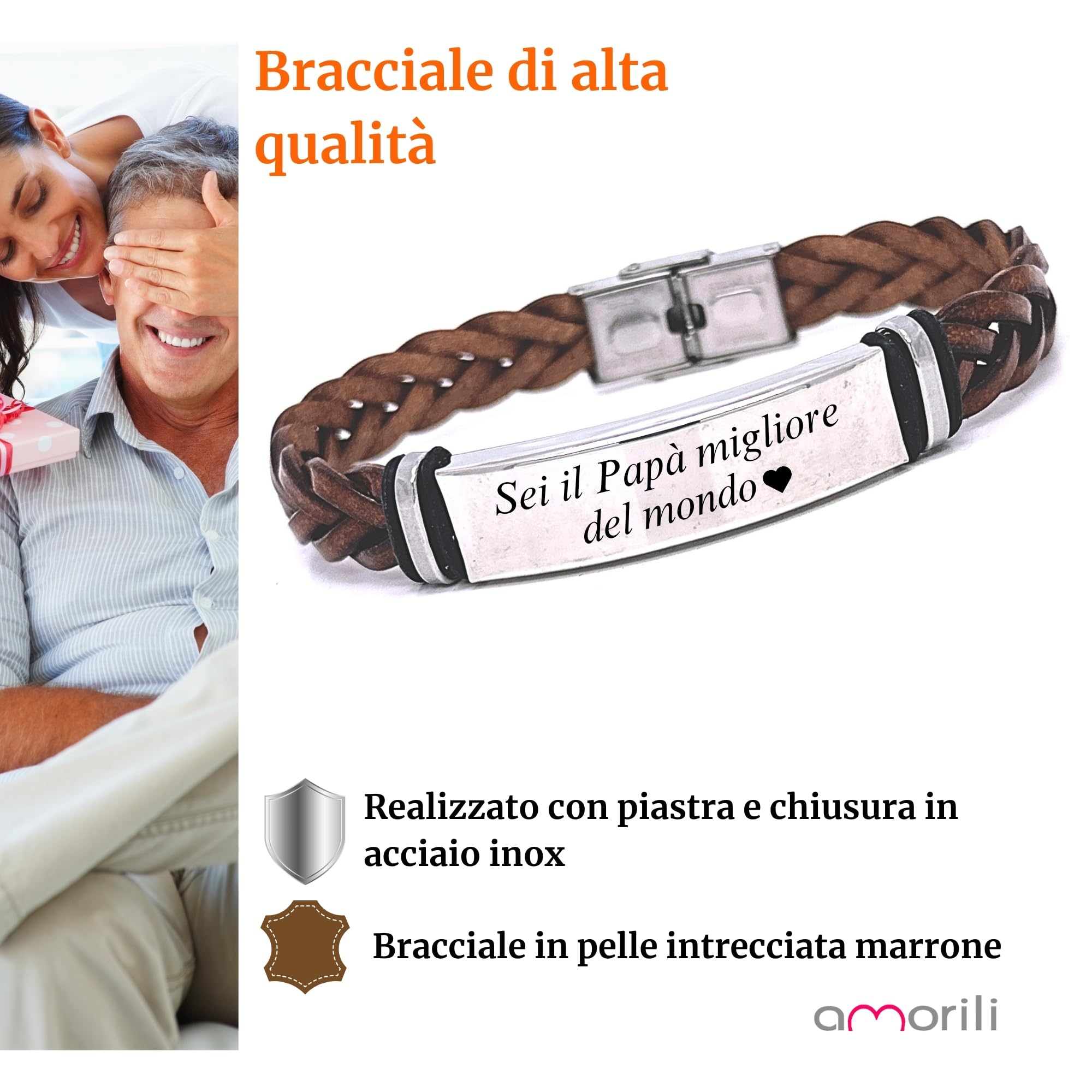Bracciale Uomo in Pelle Intrecciata con Piastra in Acciaio Inox Personalizzabile | Incisione Nome Data Frase | Idea Regalo Elegante per Fidanzato Marito Papà bcc2705