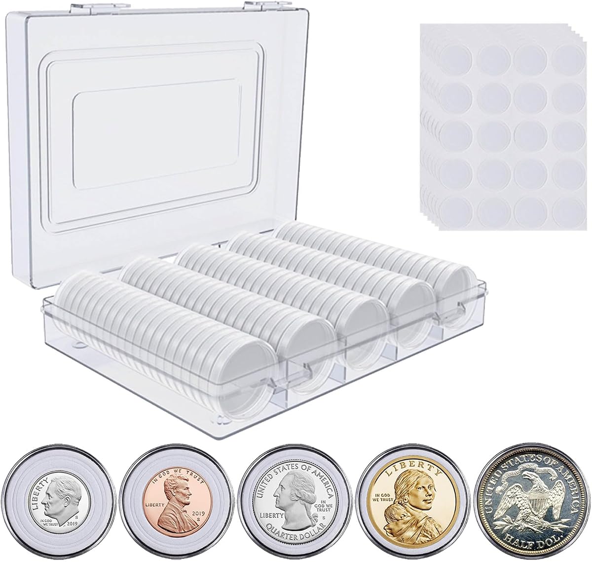 120 Pcs 30mm Coin Capsules Holder and Plastic Storage Organizer Box | 5 Sizes (17/20/25/27/30mm) Coins Collector Case Protector with Foam Gasket for Coin Collection Supplies