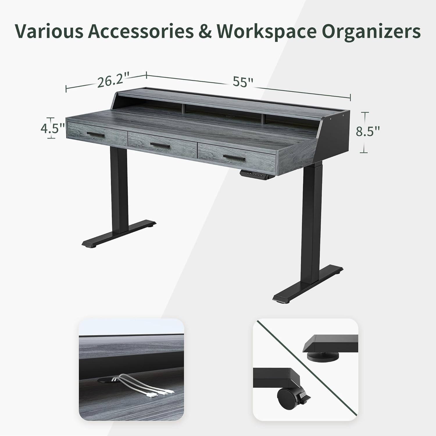 FEZIBO Electric Standing Desk 55x26 Inches with 3 Wood Drawers and Monitor Shelf, Height Adjustable Computer Desk, Ergonomic Rising Home Office Desks, Sit Stand Up Workstation Table, Rustic Grey