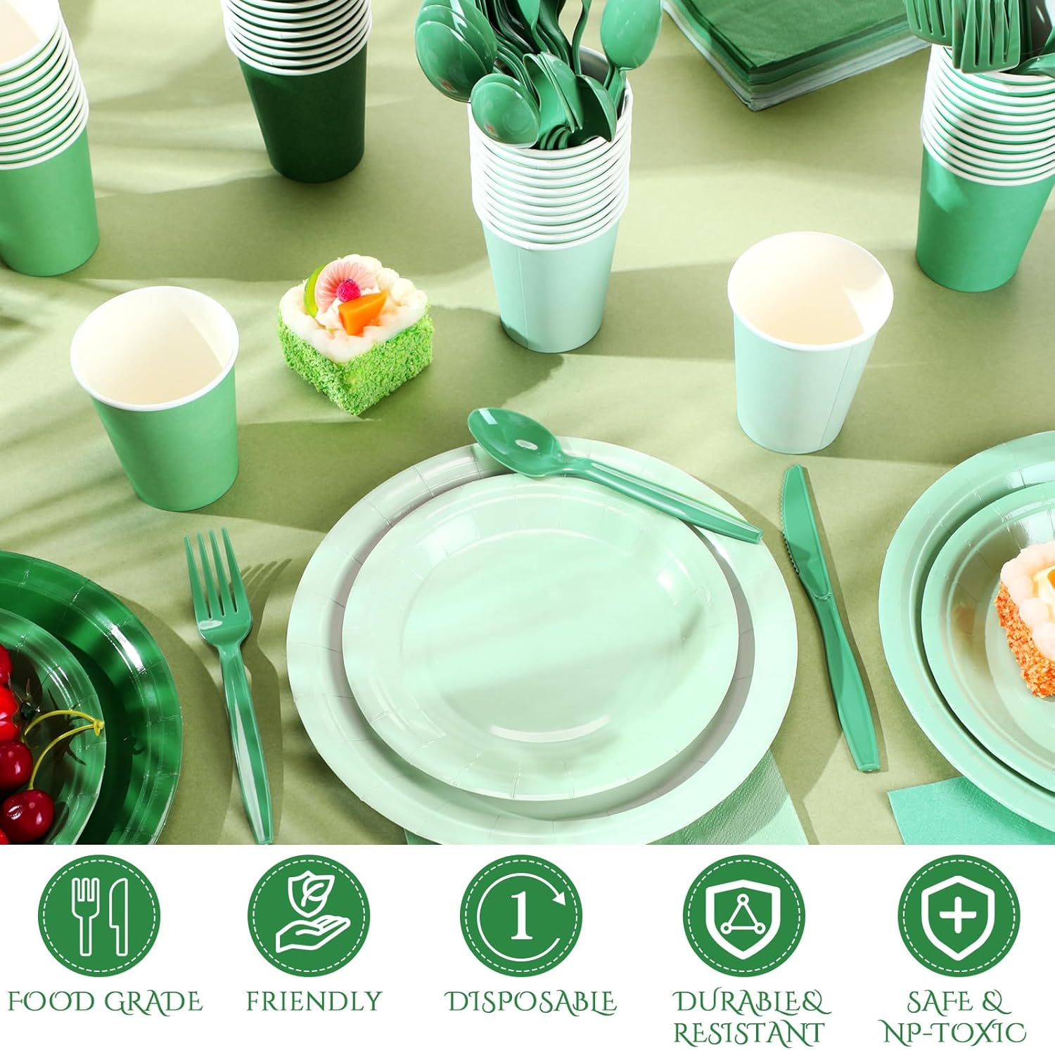 Nuogo 336 Pcs Sage Green Tableware Set Gradient Green 7 in 9 in Plates 9oz Cups Supplies Disposable Paper Plates Napkins Cup Fork Knives Spoon for Party Baby Shower Birthday Wedding