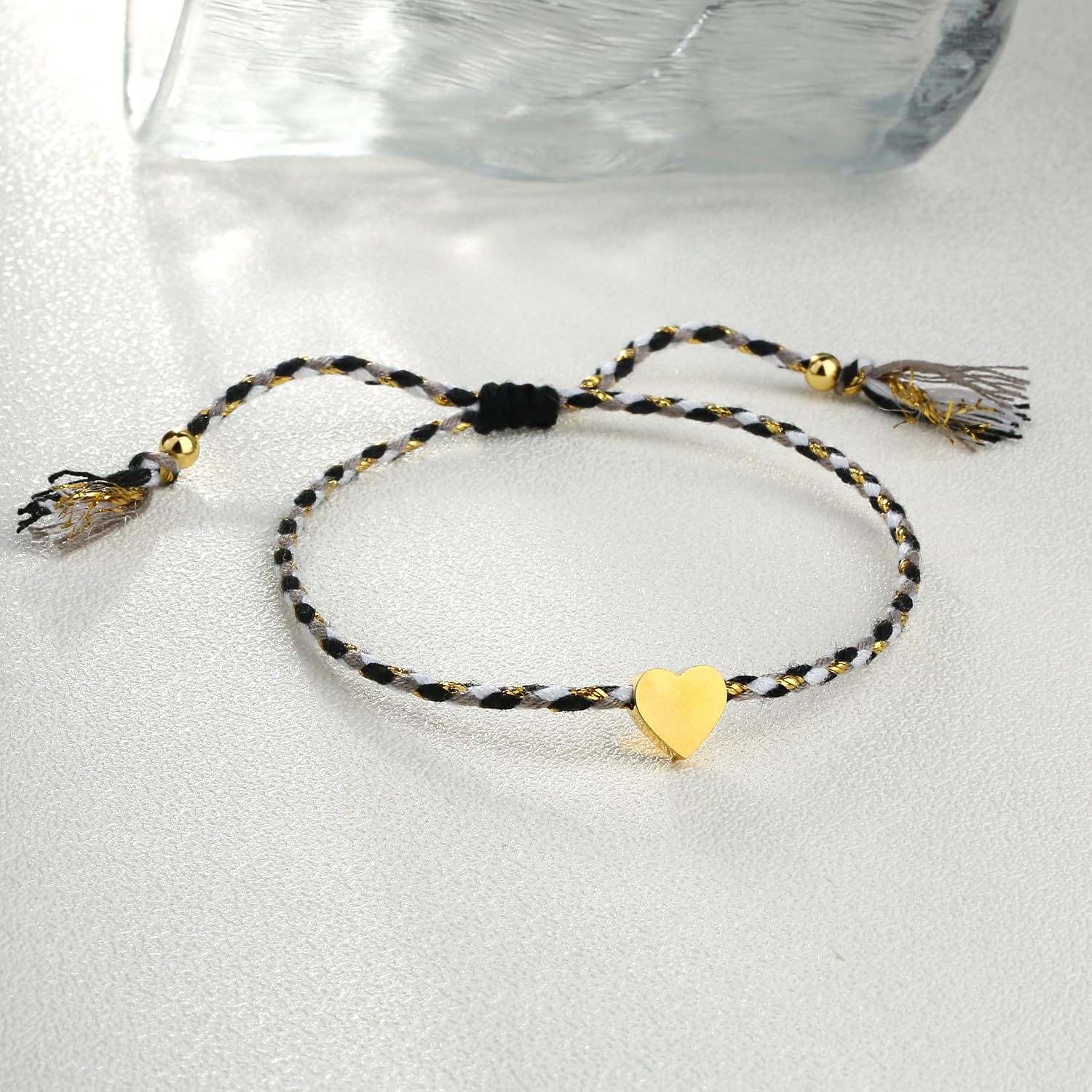KELITCH Gold Heart Strand Bracelets Handmade Braided String Rope Bracelets Adjustable Bracelets (Black White 15D)