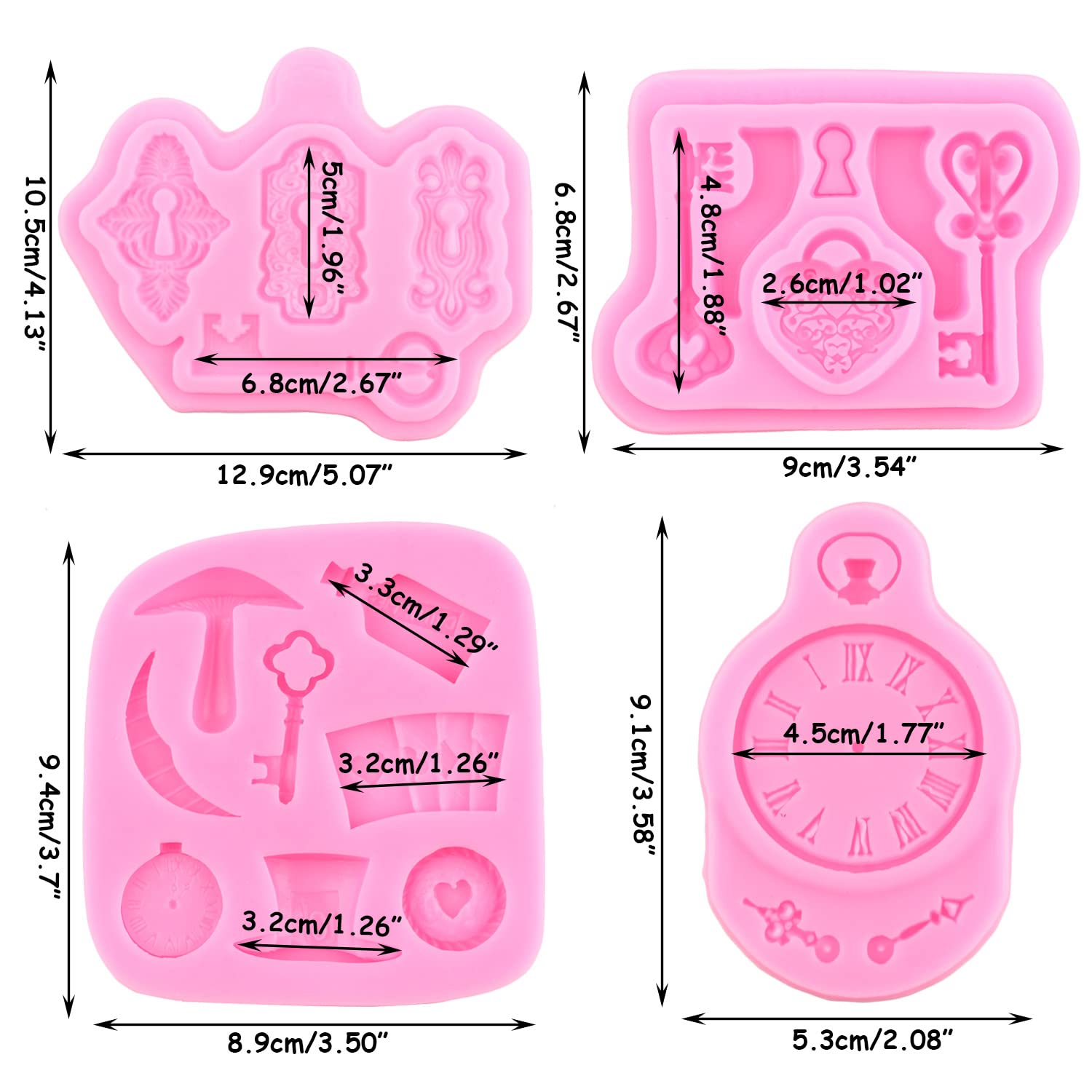 Mujiang Keyhole Silicone Molds Vintage Key Cake Fondant Mold Alice Wonderland Hat Poker Clock Playing Fondant Mold For Cake Decoration Sugar Cupcake Topper Chocolate Gum Paste Polymer Clay Set Of 4