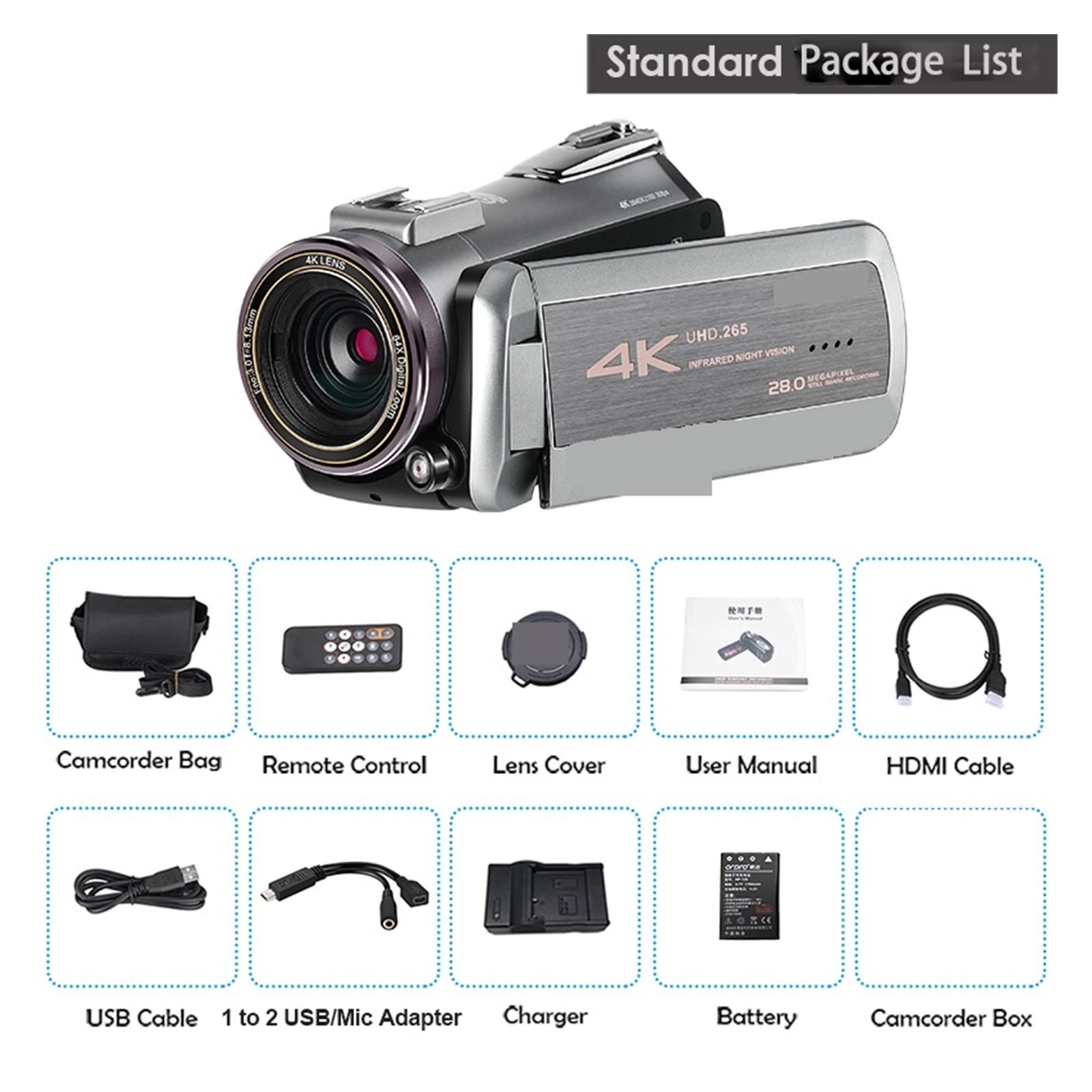 Caméra vidéo Caméscope Vlog caméra caméscope 4K Professionnel 64X Zoom numérique IR Vision Nocturne for Le Tournage vidéo de Blogueur(Standard)