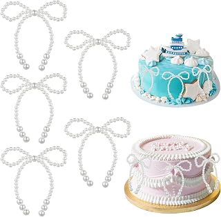 5 Pcs Pearl Bow Cake Toppers Birthday Party Bow Dots Cupcake Toppers Flower Wrapping White Pearl Beaded Decorations for Wedding Bridal Engagement Baby Shower Birthday Party Supplies (Beige)