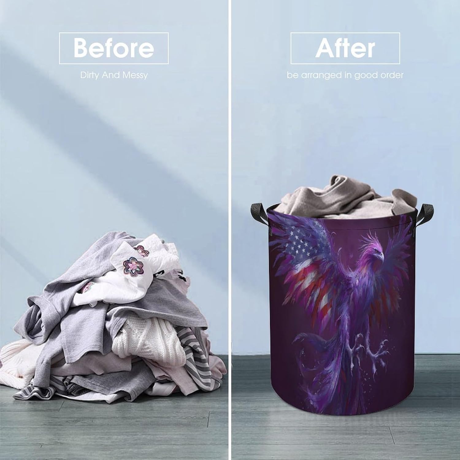 Phoenixes U.S.A. Flag Feathers Ashes Laundry Hamper Basket for Home Bathroom