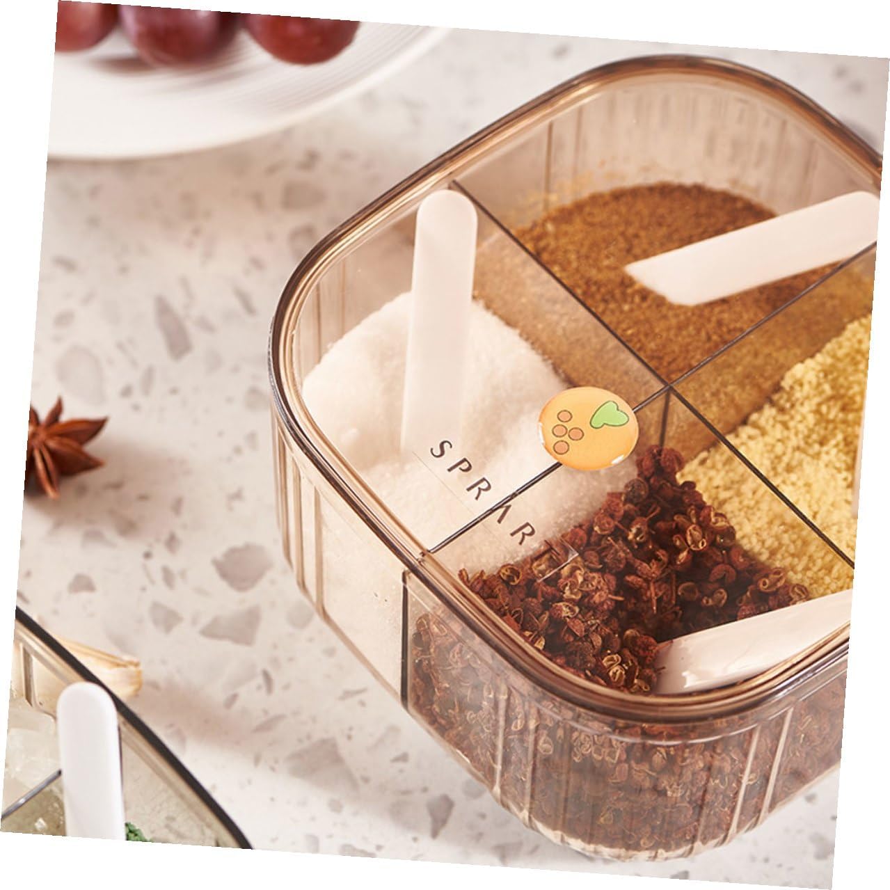 SHOWERORO Amber 4-compartment Kitchen Seasoning Box, Household Spice Organizer with Lid, Multi-grids Separated Condiment Storage Container for Countertop Use