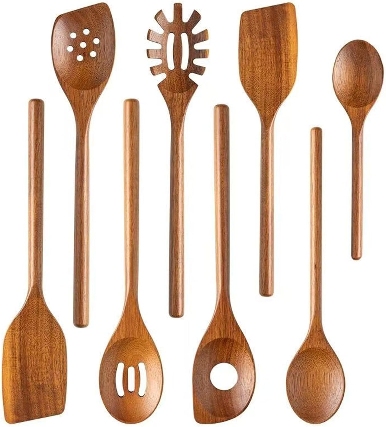 8 Pcs Natural Acacia Cooking Wooden Spoon Set - Handmade Wooden Spatula, Slotted Spoon, Solid Spoon Set, Pasta Spoon, Essential Wooden Utensil Set for Non-Stick Cookware, Stir-Frying, Baking,