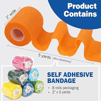 AZEN 8 Pack Self Adhesive Bandage Wrap, 2 X 5 Yards Elastic Cohesive Bandage Wrap, Color Athletic Tape, Vet Wrap, Ankle Tape, Tattoo Grip Tape Wrap