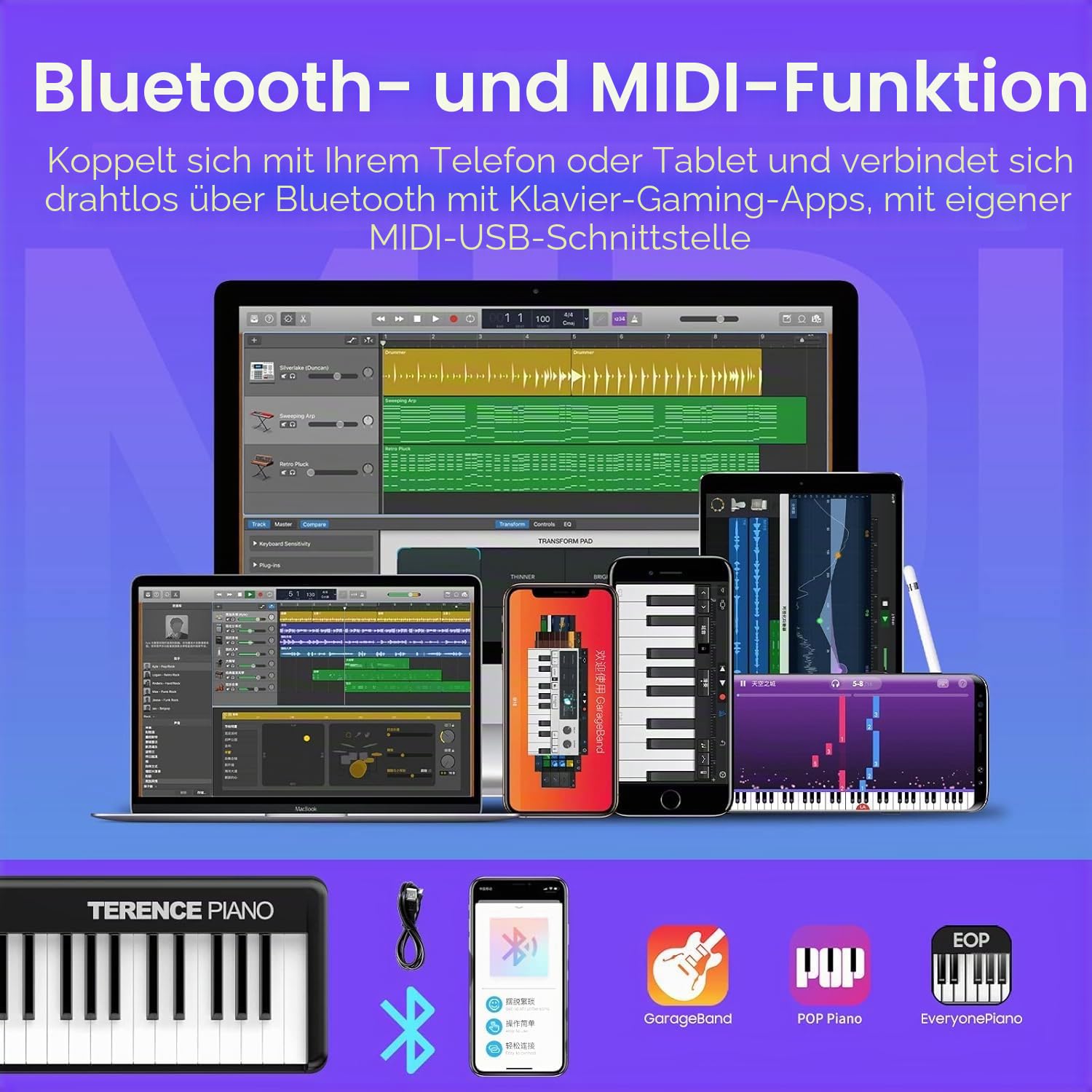 TERENCE E-Piano 88 Tasten faltbar halbgew. BT/MIDI 1800mAh | Keyboard Piano Inkl. Pedal, Notenständer, Audiokabel. 8h Akku. Perfekt für Anfänger, Zuhause oder unterwegs