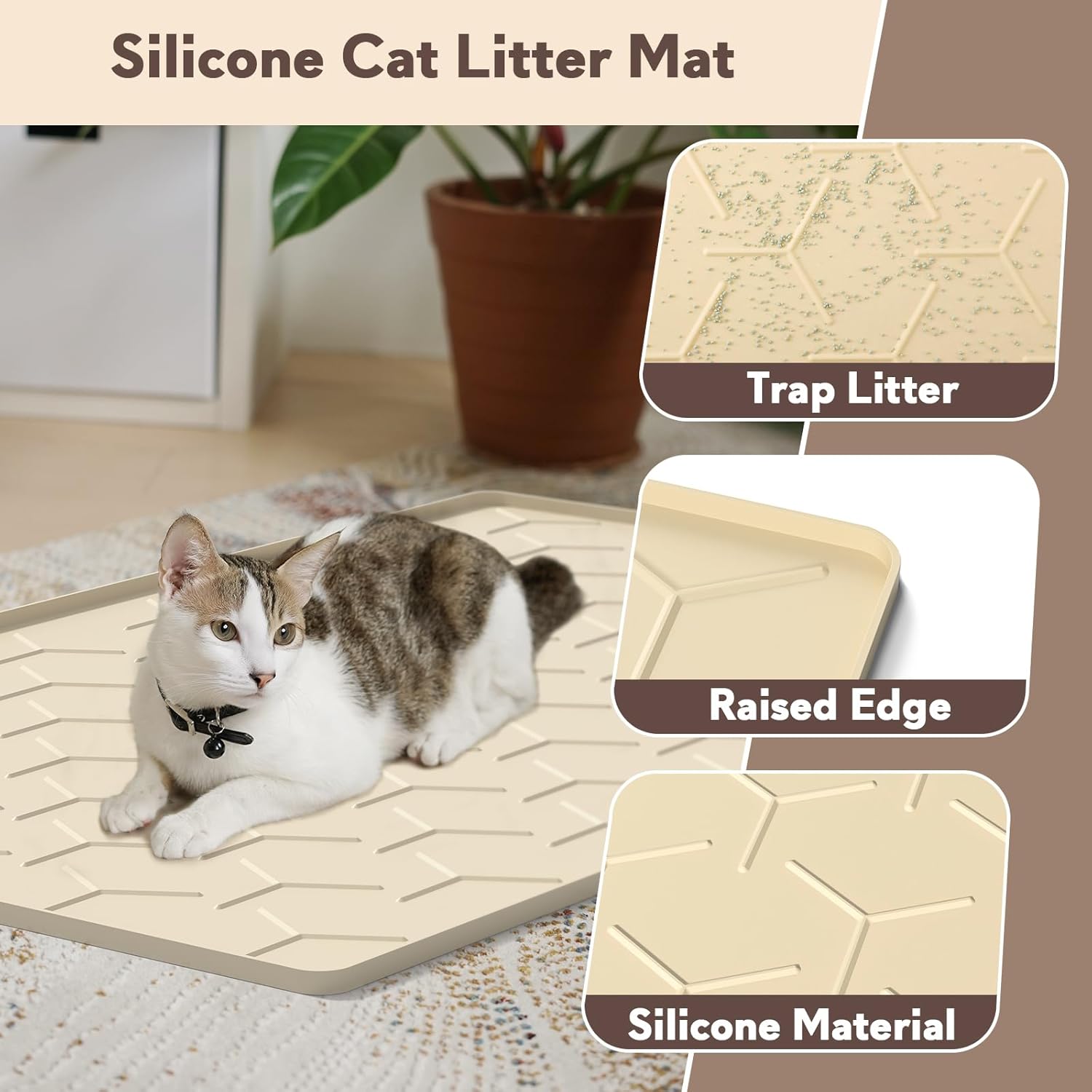 Garoopion Silicone Cat Litter Trapping Mat, Large Waterproof 34" X 22" Cat Litter Box Mat, Easy to Clean, Beige