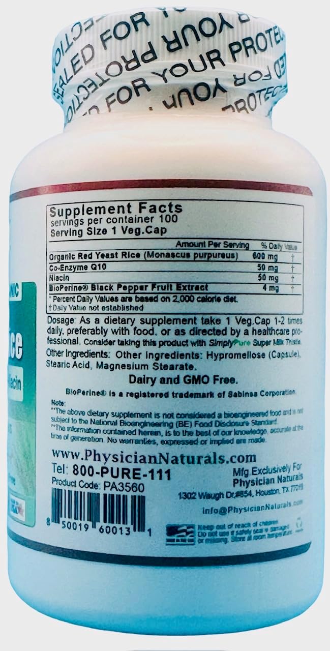 Organic Red Yeast Rice w CoEnzyme Q10 and Piperine 600 mg High Absorption 100 Veg Caps 1200 mg per Serving