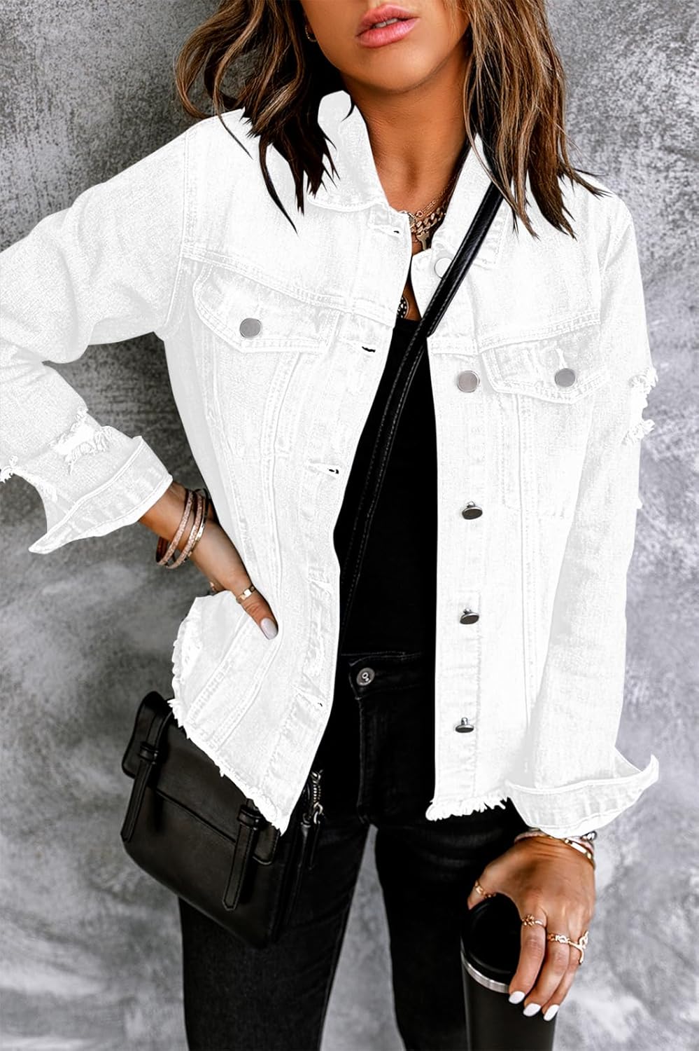 Necooer Women's Jean Jacket Distressed Washed Button Up Boyfriend Denim Jacket Coat With Pockets - Image 2