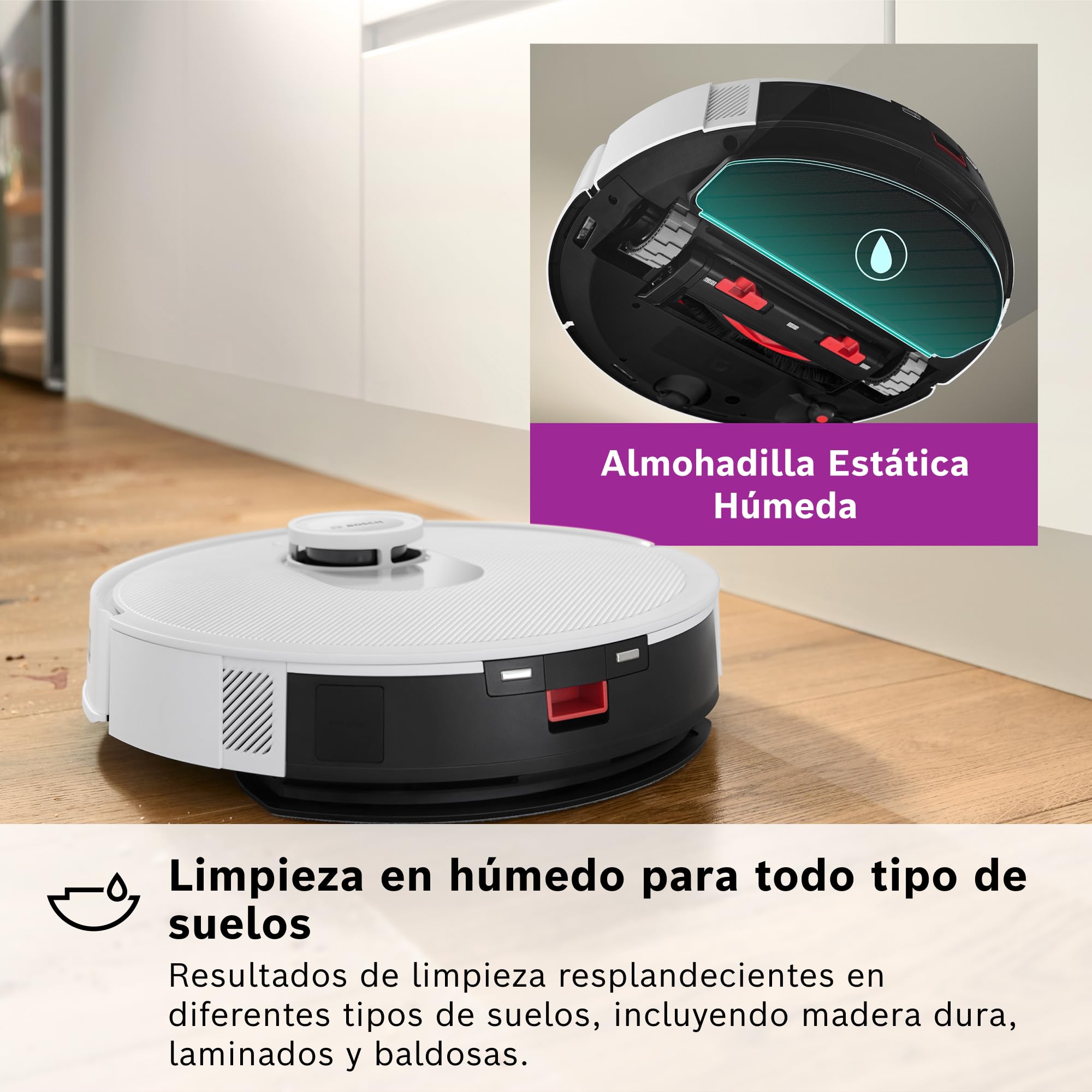 Bosch - Robot Aspirador Spotless +, aspira y friega, Potencia 11.000 Pa², Almohadilla húmeda Fija, estación Seca, Sistema Inteligente de visión por Infrarrojos, Bosch Home Connect App, Blanco, BCRD1W