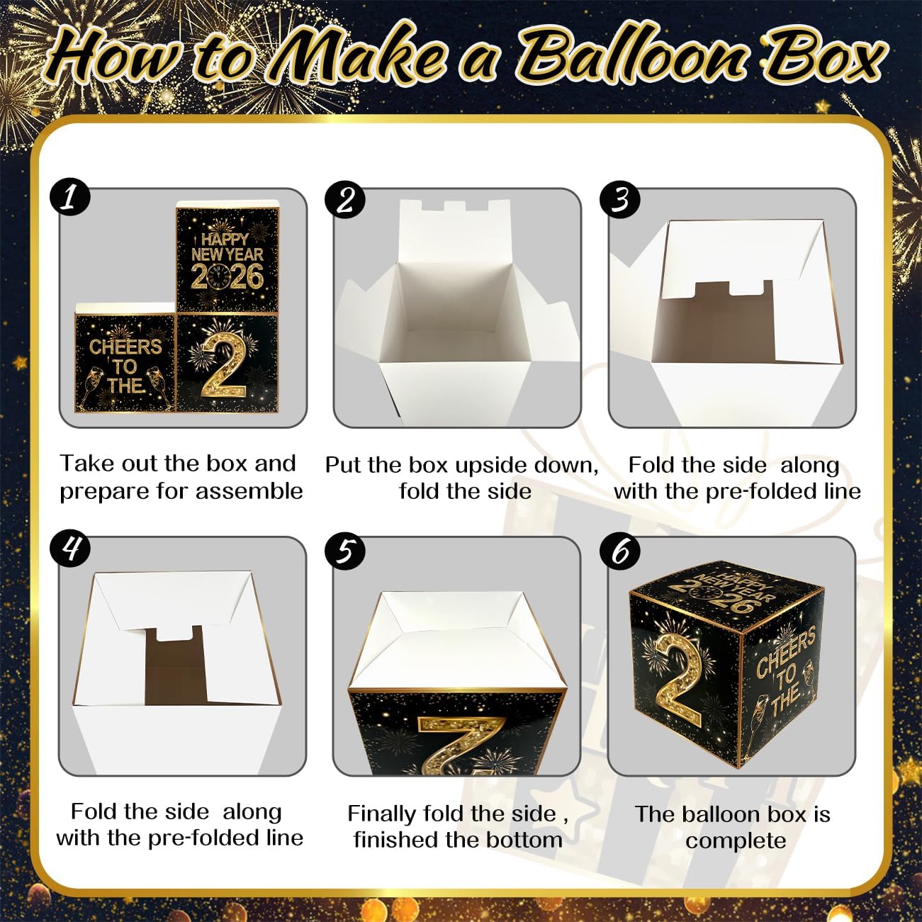 Happy New Year Decorations 2026 New Years Eve Party Supplies Black and Gold Balloon Boxes 2026 Cheers to the Birthday Party Decor Backdrop image 2