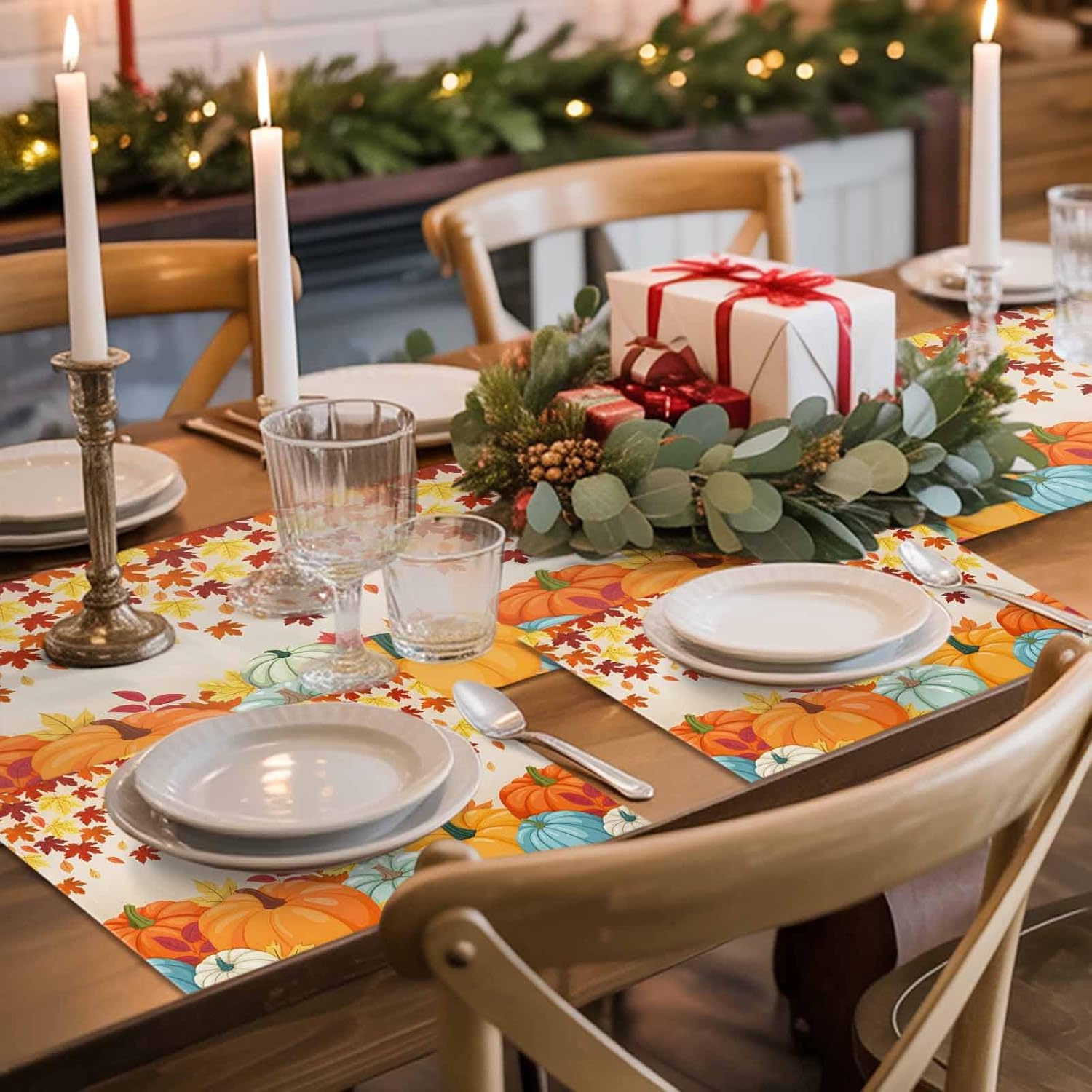Kitchen Placemat Set 18x12 Inches,Placemats Set of 4,Thanksgiving Harvest Pumpkin Autumn Maple Leaves Table Mats for Home Kitchen Restaurant Thanksgiving Day Party Decoration,Washable