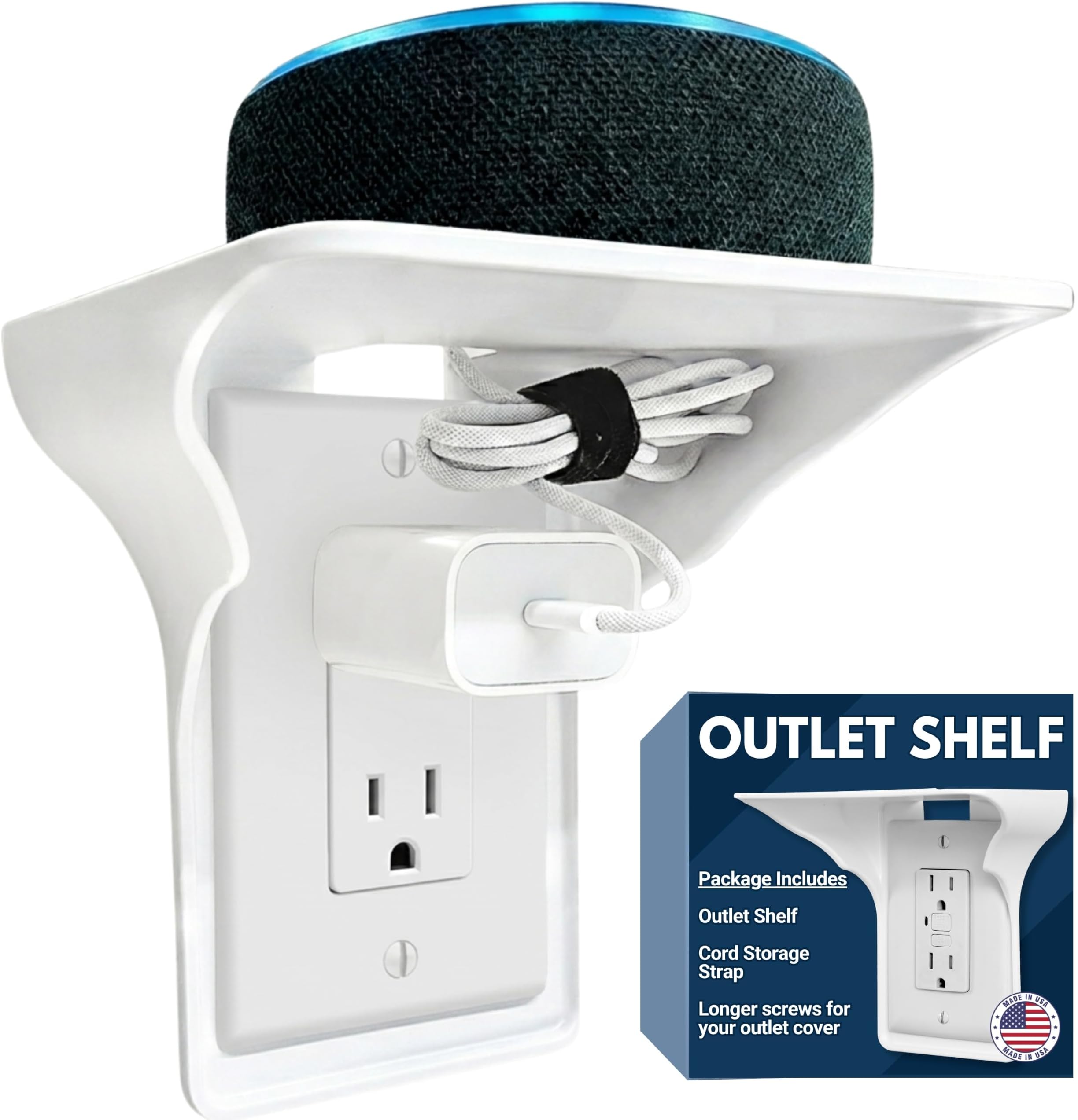 Power Perch Outlet Shelf w/ Cord Strap - Made in USA, No Drill, Holds 10lb | Echo Dot Stand Socket Outlet Shelf, WiFi Router Shelf, Alexa Stand, No-Drill Wall Mount, Toothbrush Holder, HomePod