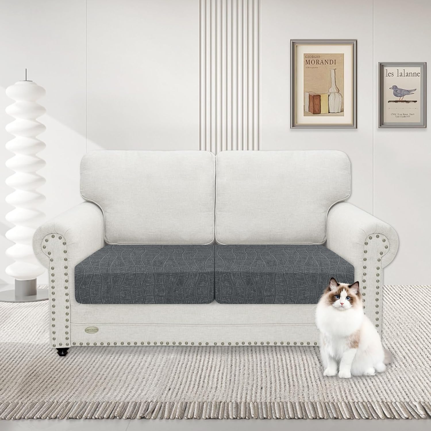 MAXIJIN Waterproof Couch Cushion Covers Stretch Sofa Seat Slipcovers Washable，Sectional Outdoor Cushion Covers with Elastic Bottom for Dogs Pets Kids (2 Pc Cushion Cover, Light Gray)