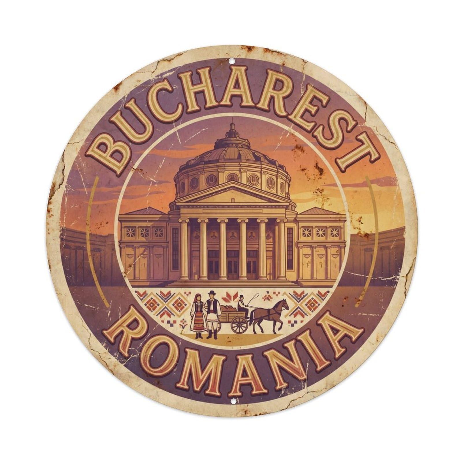 Romania Bucharest Palace Classic European Travel Cityscape Metal Tin Sign Plaque Wall Decor for Cafe, Man Cave, Club Bar, Office, Home Garden Round Metal Poster 8x8Inch
